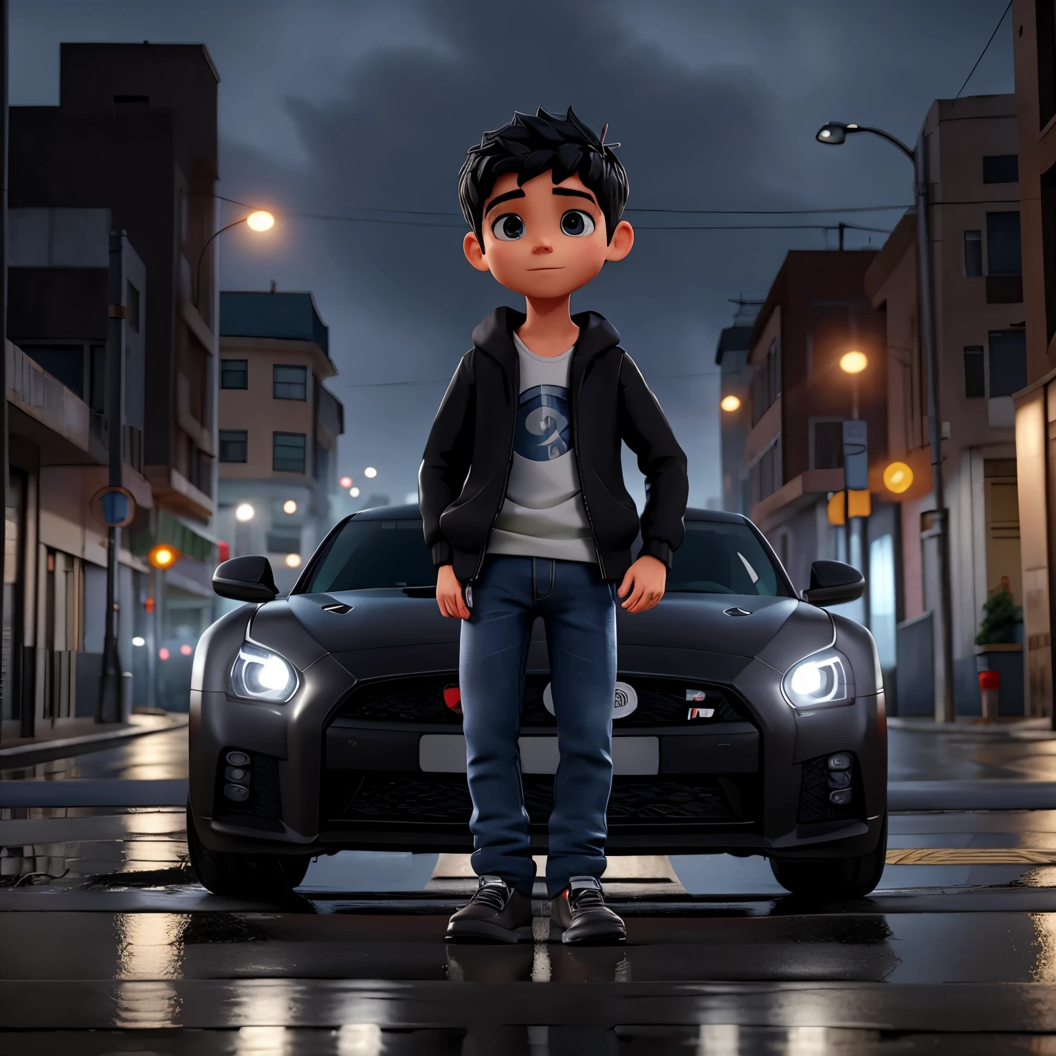 Descreva a cena de um jovem com capuz, wearing a black sweatshirt and jeans, standing on the sidewalk on a rainy night. He is looking at a shiny GTR R35 car passing on the road., Your admiration visible in your eyes. The light from the headlights reflects on the puddles of water around you, enquanto a chuva cai suavemente sobre ele. O som do motor potente ecoa no ar, misturando-se ao som da chuva. The boy remains motionless, captured by the elegance and speed of the car, dreaming of the day when you can be behind the wheel of such an impressive machine.