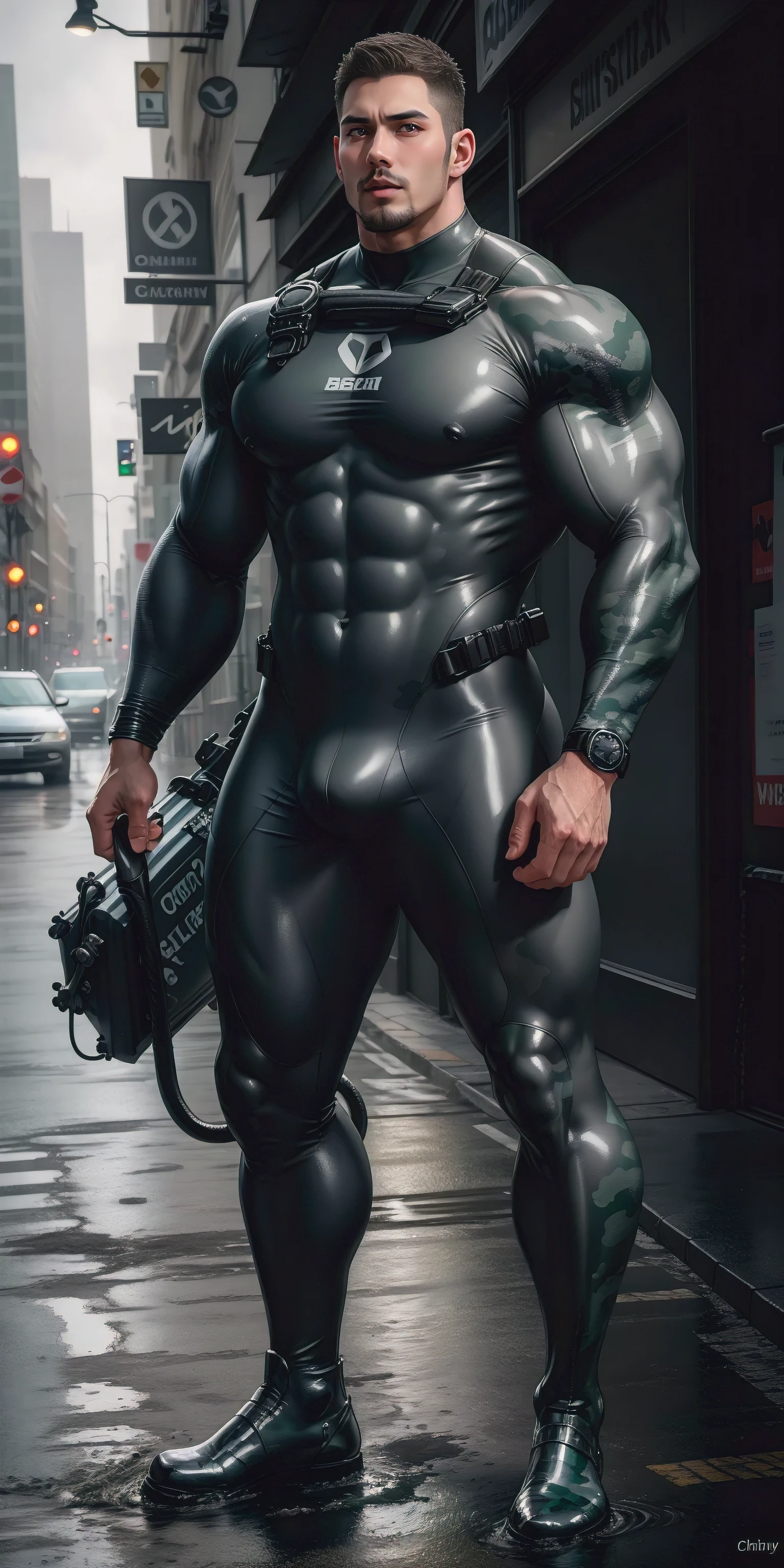 A tall, humongous large breast, Muscular man screaming with his mouth open.，Light gray camouflage uniform，character  design（Resident Evil - Chris Redfield，Chris Redfield）Wearing a light gray camouflage wetsuit，Tangled tightly by thick octopus tentacles，Regular symmetrical texture pattern，Standing on the street with octopus tentacles, Lots of slime octopus and sludge，expression sad，Deep and charming eyes，The hero with emerald pupils，heroic masculine pose，Tall and burly，musculous！Charming leg muscles，tall, Burly, and strong， Wearing a light gray camouflage wetsuit， Super gain and cool， commission for high resolution， Big feet in black boots，Charming strong man，Bright sunlight shines on the body，Matte particles with shiny texture