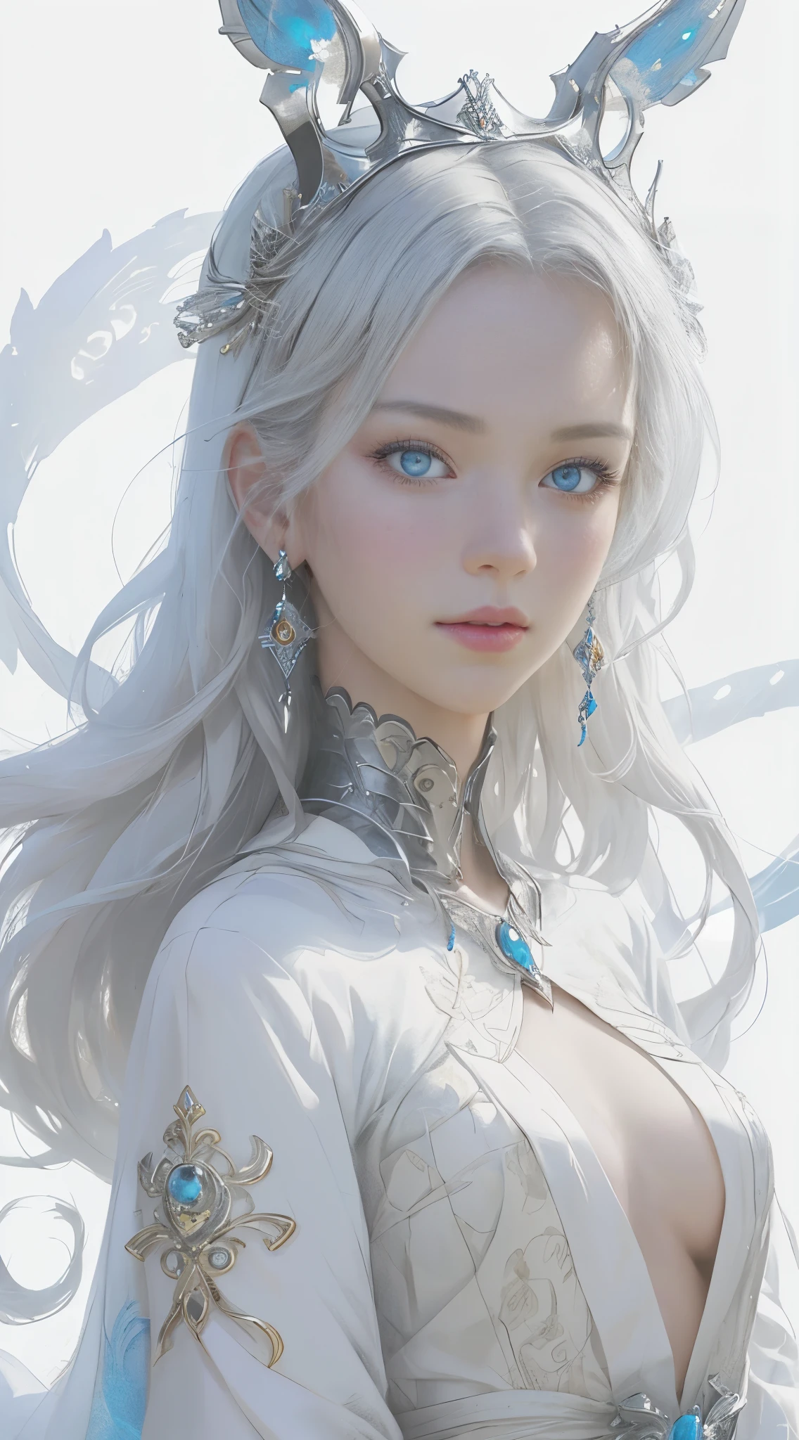 Best AI Image Generation Creator、1 beautiful girl、large round eyes、Solo、On the thighs、Realistic,Lips,masutepiece,Best Quality,Good anatomy,Skin Texture、planets in the background、Smaller chest、white hair、robe blanche、Fantasy Art Style, palatial palace 、 Azure. detailed hairs, beautiful fantasy art portrait, 4K highly detailed digital art, beautiful fantasy queen, The artwork, ((beautiful fantasy queen)), 8k high quality detailed art, Beautiful Anime Portrait、Fractal Art、Interdimensional space、side lights