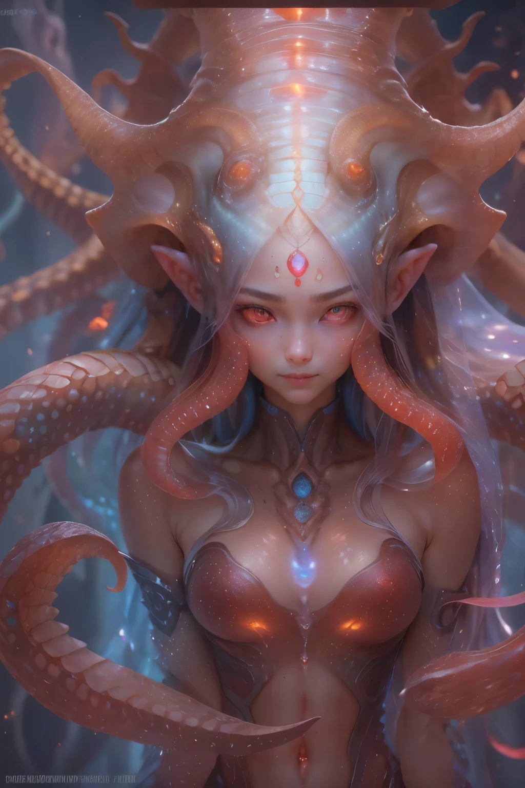 Portrait, (beautiful female alien:1.2),  (There is a female genital-like organ in the middle of the forehead..:1.8), (The most beautiful face in the history of the universe:1.2), (scarlet eyes:1.6), (Translucent skin:1.8), an evil gaze that seduces , (red eyes:1.5), Full body like, (sexypose:1.5), alien, No humans, cells are fused, (Lots of translucent tentacles:1.1) (Translucent skin:1.3), extraterrestrial, cell, bio image, 魅惑的, Best Quality, 8K,4K_quality, High Definition, Dramatic Lighting, masutepiece:1.5,cinematic quality, detail up, (Intricate details:1.2), High resolution, High Definition, drawing faithfully, (Thick eyebrows:1.2), Beautiful eyes with fine symmetry, (Ultra detailed eyes:1.2),(Highly detailed face and eyes:1.2), (High-resolution red-eye:1.4), Intimate face, (Super detailed skin quality feeling:1.4), Perfect Anatomy,  (Beautiful toned body:1.5),  (Moist skin:1.2), No makeup, (dark circles:1.1), long canines, cinematic drawing of characters, ultra high quality model, cinematic quality, detail up, (Intricate details:1.2), High resolution, High Definition, drawing faithfully, Official art, Unity 8K wall  , 8K Portrait, Best Quality, Very High resolution, ultra detailed artistic photography, midnight aura,  unreal enginee 5, Ultra Sharp Focus, art by alberto seveso, ArtGerm, Roisch, intricate artwork, Medusa, best quality, masutepiece, ultra High resolution, (photos realistic：1.4), Ultra-realistic realism, dream-like,  nautilus, Creation of fantasy, Snail, Dream Snail,  biopunk nautilus, Thrilling color schemes， Ultra-realistic realism， seductively smiling, Blue tentacles