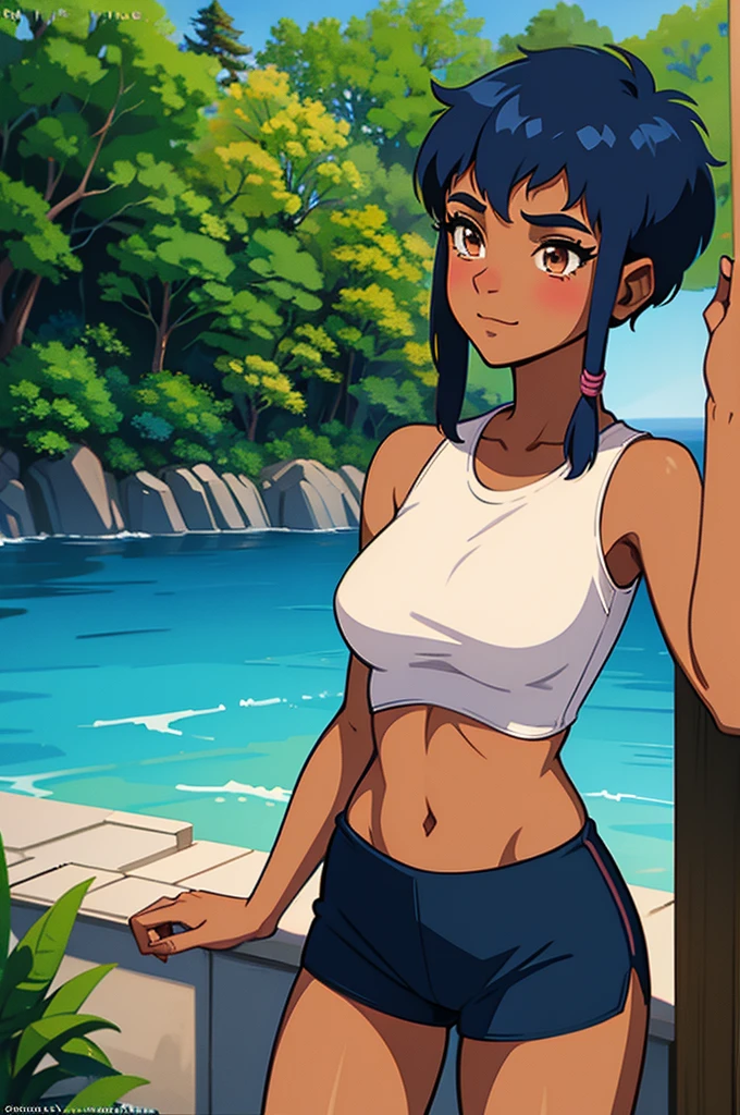 TARANEE, breast curtains, loincloth, harem outfit, w.i.t.c.h, navy blue hair, brown eyes, brown skin, spikey hair, short hair, medium breast, dynamic pose, sexy attire, sexy eyes, sexy, bedroom, look at viewer, seductive