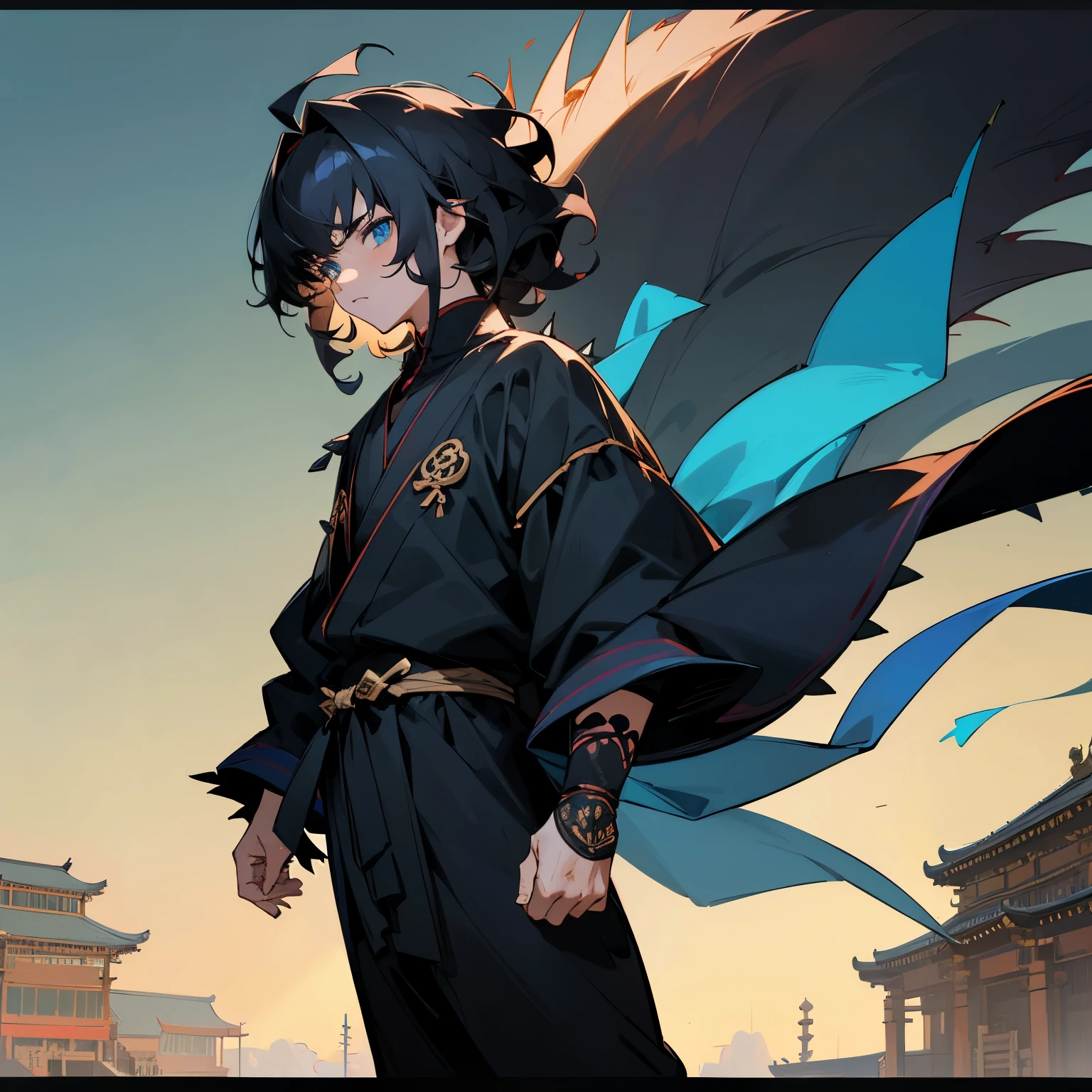 1male , Young Male , Black Longsleeve Shirt , Black Hair , Wavy Hair , Medium Length Spiky Hair , Bright Blue Eyes , Ninja Clothing , Intricate Detail , Perfect Generation , Standing on path , Temple background , Spiky Bangs