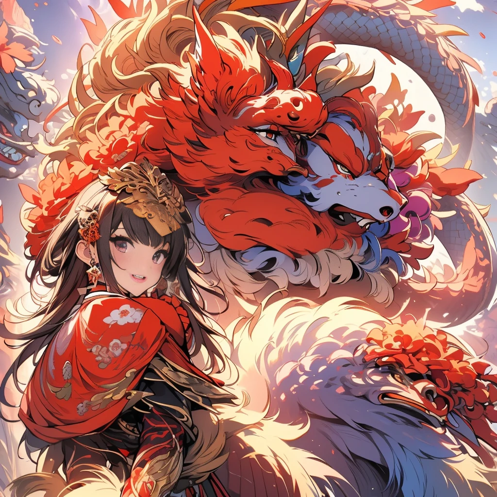 (​masterpiece, top-quality, Official Art, aesthetic:1.2), (Celebrating the New Year), (One Girl:1.3), PastelColors, (Year of the dragon), ighly detailed, colourfull, Top Detail, (aquarelle:1.3), light mixing, Playful patterns, lively texture, rich colours, ユニークな視覚効果 Fractal art:1.3), the best fantastic, (Fractal art:1.3)、