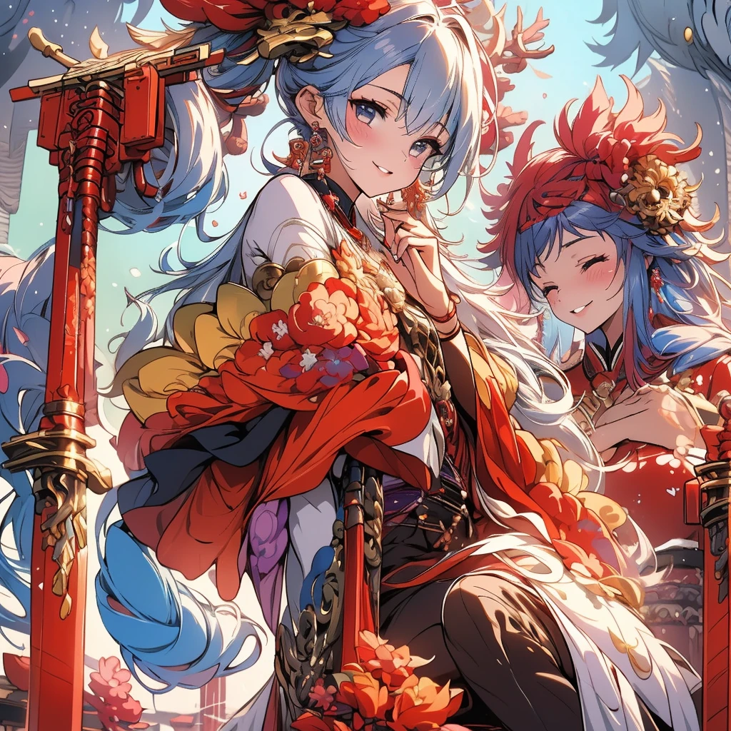 (​masterpiece, top-quality, Official Art, aesthetic:1.2), (Celebrating the New Year), (One Girl:1.3), PastelColors, (Year of the dragon), ighly detailed, colourfull, Top Detail, (aquarelle:1.3), light mixing, Playful patterns, lively texture, rich colours, ユニークな視覚効果 Fractal art:1.3), the best fantastic, (Fractal art:1.3)、