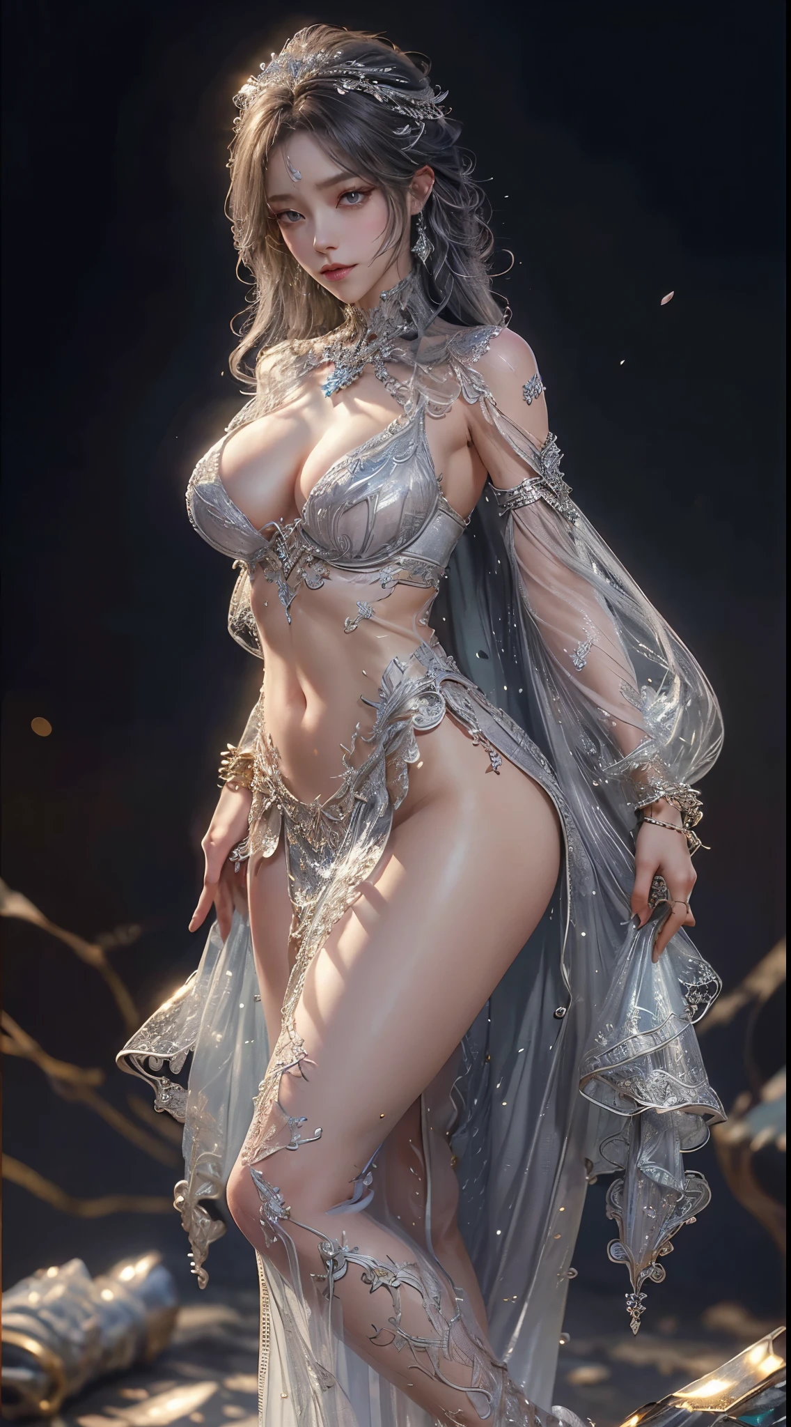 woman wearing silver transparent dress,pretty eyes,Slender thighs,(((humongous large breast, The cracks are relatively large))),Slim waist,(Bare waist), Long gray hair, micro-curly hair, Ultra-detailed details,High-end art station, Rainstorm site, detailed fantasy art, Stunning character art, Beautiful and beautiful character art, Beautiful gold and silver armor, The content is very detailed, Girl in shiny armor, Exquisite headwear and jewelry,crystal jewelry filigree, milky ways, stunning visuals, (dynamic streaks, Light track:1.2), Vibrant colors,8K,quality,