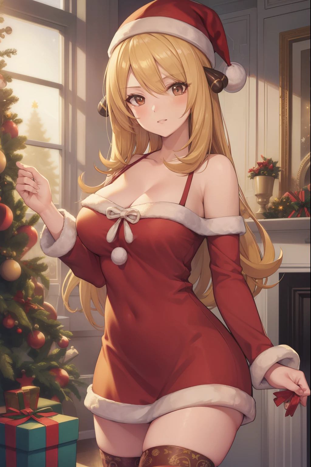 Cynthia, pokemon, blonde hair, yellow hair, long hair, mature female, (brown eyes:1.7), (large breasts:1.2), happy, blush,
BREAK cleavage, bare shoulders, (red christmas dress), chrismas outfit, off shoulder, wide sleeves, ((hair ornaments)), santa hat, thighhighs, short dress, ((sleeveless:1.1)),
BREAK indoors, livingroom, fireplace, christmas tree, presents,
BREAK looking at viewer, (cowboy shot:1.5),
BREAK (masterpiece:1.2), best quality, high resolution, unity 8k wallpaper, (illustration:0.8), (beautiful detailed eyes:1.6), extremely detailed face, perfect lighting, extremely detailed CG, (perfect hands, perfect anatomy),