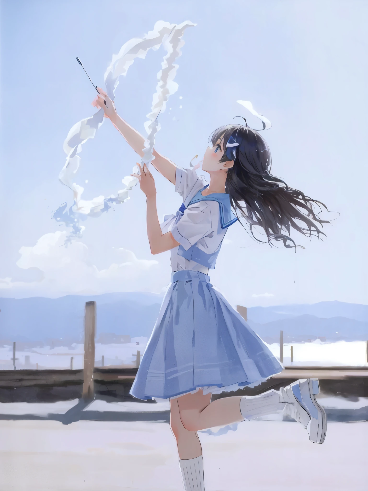 araffe girl in a blue dress holding a white umbrella, twirling, wind kissed picture, beautiful young wind spirit, rinko kawauchi, aya takano color style, shiori teshirogi, promo art, seifuku, inspired by Yuki Ogura, girl clouds, wind blowing, kawaii playful pose of a dancer, style of magical girl