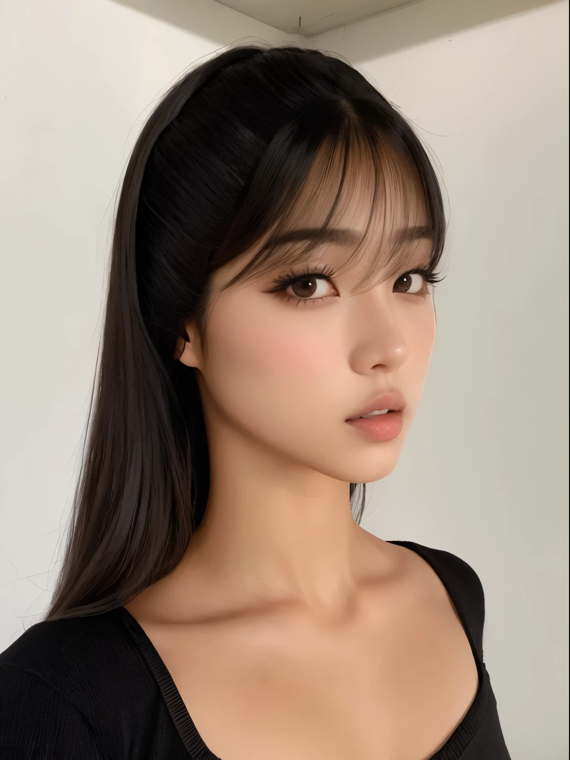 una mujer de pelo largo con un top negro y una diadema negra, neat hair con flequillo, she has black hair con flequillo, Lalisa Manobal, long flequillo recto, flequillo recto, con flequillo, Hermosa mujer surcoreana, Hermosa joven coreana, con flequillo completo, long hair con flequillo, Hermosa joven coreana, Chica coreana, ulzzang