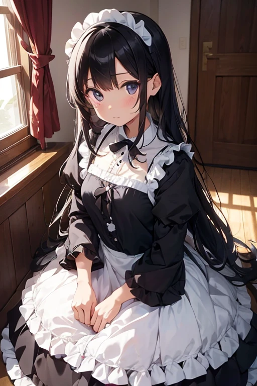 frilly dress,maid clothes,maid apronl,long skirt,black and long hair,たくさんのフリルのmaid clothes,frontage,Sailor collar,No exposure,Ruffled Maid Dresses,Wide sleeves,Mass frills
