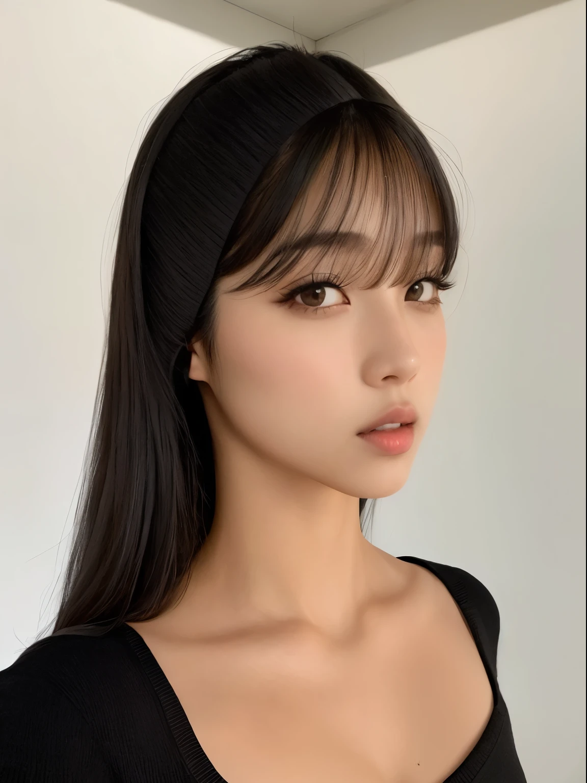 una mujer de pelo largo con un top negro y una diadema negra, neat hair con flequillo, she has black hair con flequillo, Lalisa Manobal, long flequillo recto, flequillo recto, con flequillo, Hermosa mujer surcoreana, Hermosa joven coreana, con flequillo completo, long hair con flequillo, Hermosa joven coreana, Chica coreana, ulzzang