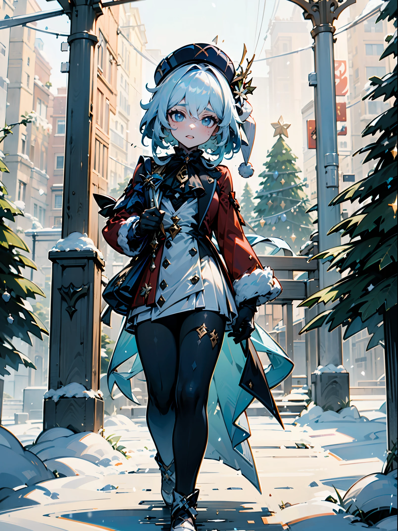 (masterpiece), (4K UHD), (Genshin Impact), Furina, Focalor, Christmas theme, Santa outfit, Christmas tree, Christmas themed, Christmas, snow, snowing, walking in the city, beautiful and highly detailed, masterpiece