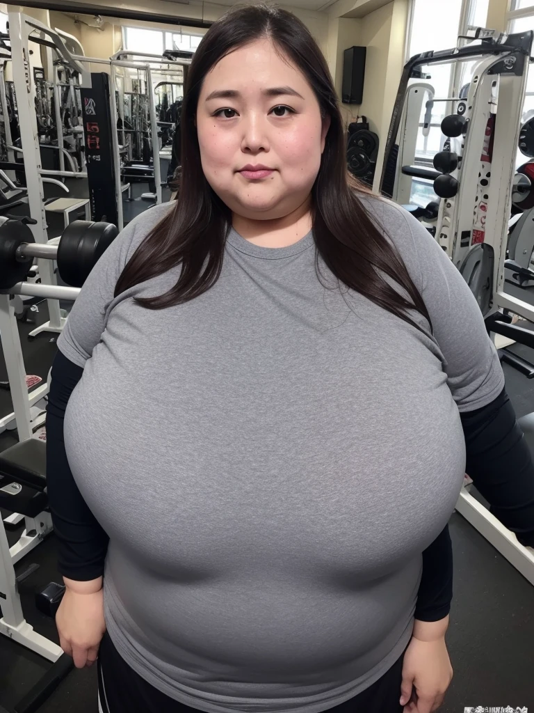 go pro Japanese ssbbw, non nude, full shot, very beautiful face, super obese, full body, grey sweat parker, sneaker, sports gym  super obese japanese