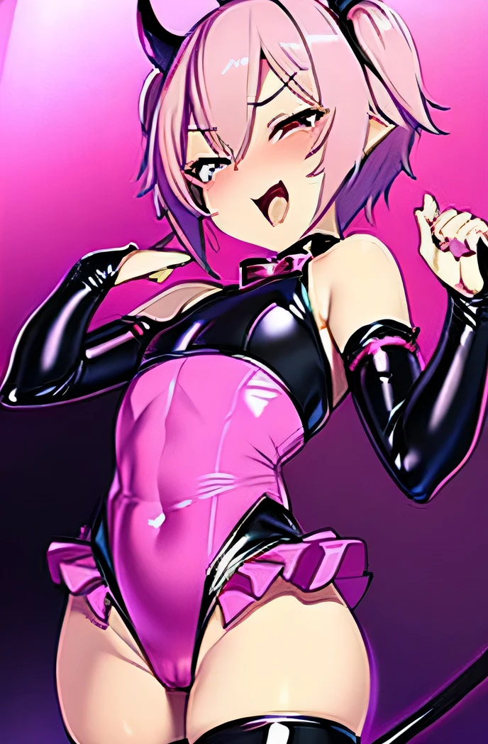 there is a cartoon picture of feminine boy with short pink hair,  in an anime style, demon femboy, flat anime style, cute, crossdresser, femboy body, curvy, hooker outfit, doing a sexy pose, horny expression, slutty pose, hd