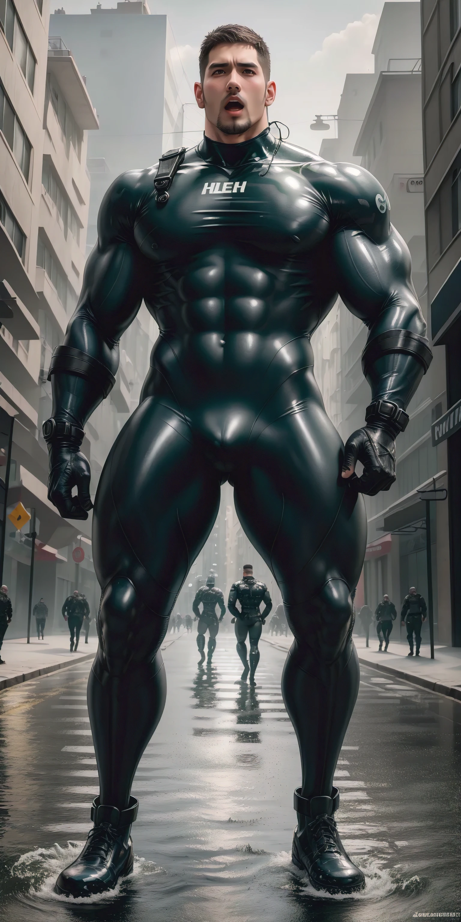 A tall, humongous large breast, Muscular man screaming with his mouth open.,Light gray camouflage uniform,character design(Resident Evil - Chris Redfield,Chris Redfield)Wearing a light gray camouflage wetsuit,Tangled tightly by thick octopus tentacles,Regular symmetrical texture pattern,Standing on the street with octopus tentacles, Lots of slime octopus and sludge,expression sad,Deep and charming eyes,The hero with emerald pupils,heroic masculine pose,Tall and burly,musculous!Charming leg muscles,tall, Burly, and strong, Wearing a light gray camouflage wetsuit, Super gain and cool, commission for high resolution, Big feet in black boots,Charming strong man,Bright sunlight shines on the body,Matte particles with shiny texture