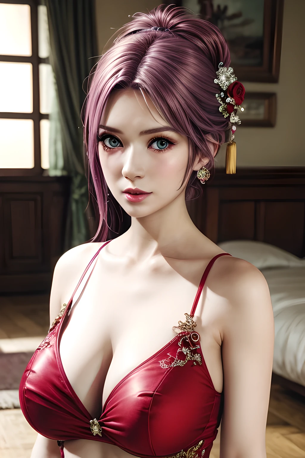 1个Giant Breast Girl,Elise, (Wearing Chinese Wedding_a skirt),jewely,Tattooed with,鎖骨,gigantic cleavage breasts,tmasterpiece, Best Picture Quality,of a real, Detailed pubic hair,8K，number art,Detailed pubic hair头发,(of a realistic, photo-of a realistic:1.37),Amazing Cleavage, finely detailled,full bodyesbian,