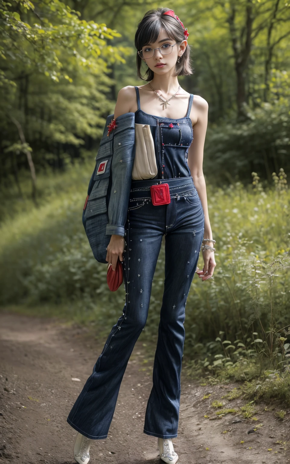 (8K, Masterpiece, RAW photo, Best quality, detail:1.3), (ultra realistic Natural background, scenary:1.5), Depth of field, Cinematic light, (ultra realistic face), (1 picture of 1 solo girl Airim Jones:1.6), 1girl, (Beautiful and elegant Russian girl), (skinny girl with glasses), (European face:1.3), (perfect complete full body:1.6), (full body shot including shoes:1.6), (perfect [frontal view|side profile|back profile]:1.5), (small necklace, collarbone:1.1), ( [bangs|pigtails|bob|pixie] hair:1.5), (ultra detailed skin:1.4), (sexy red minitop:1.4), (Embellished Pocket Blue Jeans:1.6), (perfect standing pose:1.5), (perfect long legs:1.4)