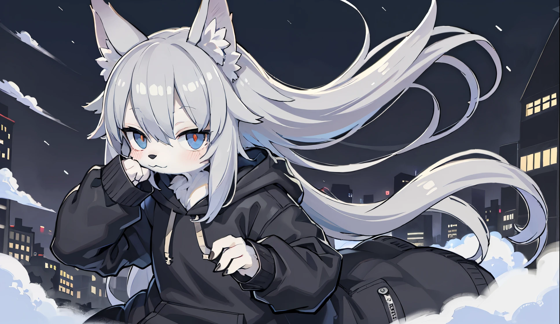 (Best Quality),floating in the air、Wearing a black hoodie、Mofumofuno、Relaxed、sleepy、looked lonely、He had gray hair and furry ears.、eyes are very blue、wolf girl。The back is black。The wind is blowing、Hair is fluttering。