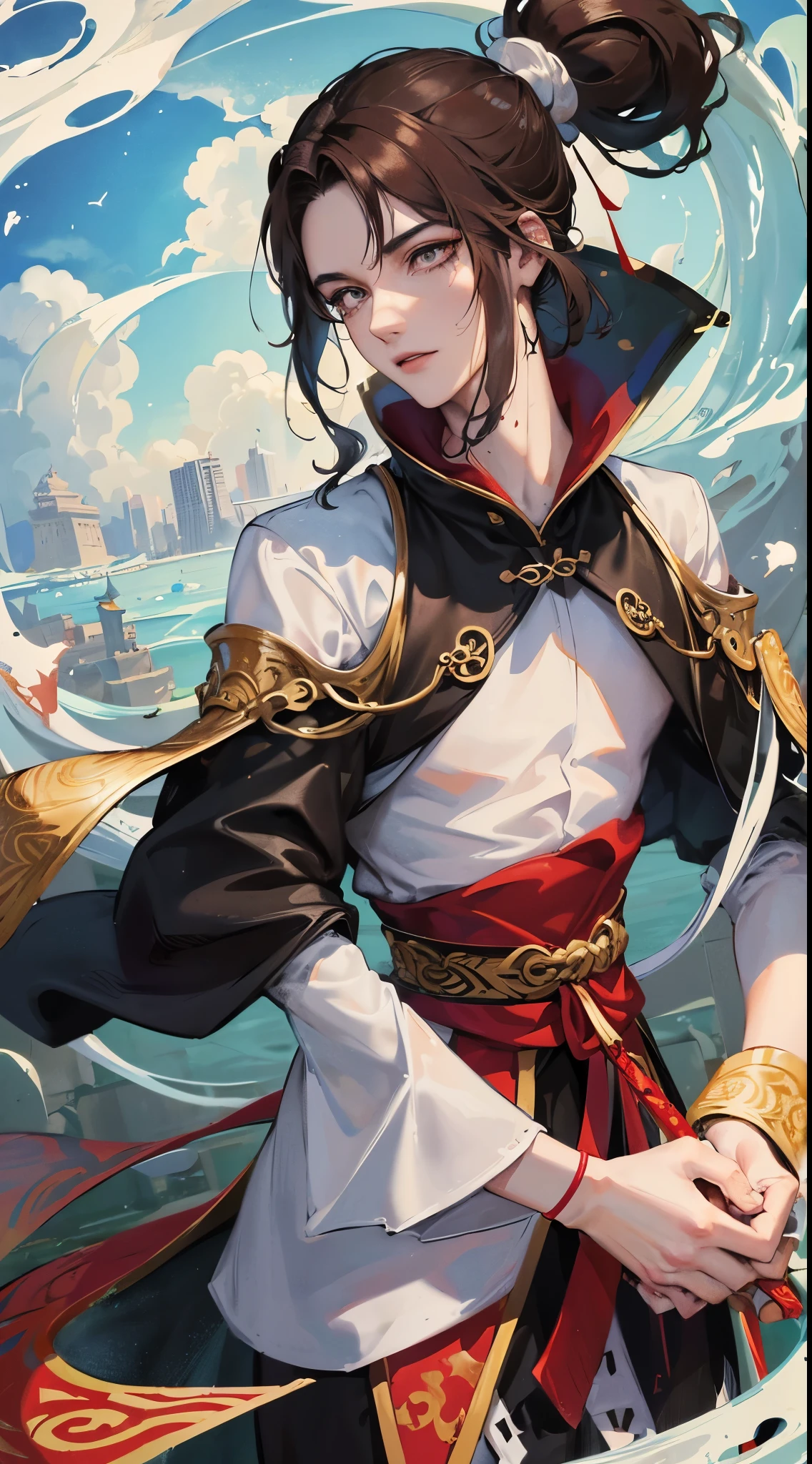 Match scenes, Ancient Chinese palace swirled by dark-eyed wind, brunette color hair,Chinese,Split ends of hair, long whitr hair, with long bangs, high ponytails, Handsome men. Man with a sword, Man in green clothes, white clouds and fog, white majestic, glazed tiles, Colorful gwhite light, ((color ink)),((splash ink)),((splash ink) ink}) ), tmasterpiece, high qulity, Exquisite graphics, high detal