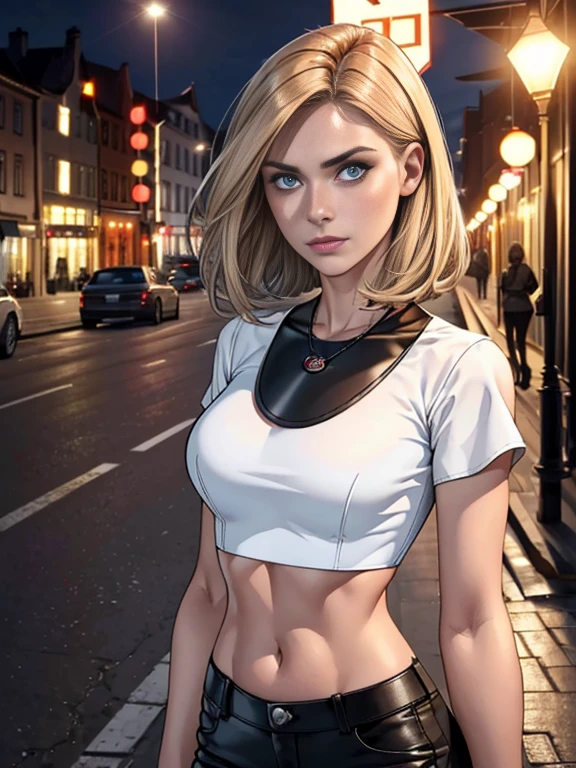 ((Realistische Beleuchtung, best quality, 8K, Meisterwerk:1.3)), Klarer Fokus: 1.2, 1girls, Perfect Body Beauty: 1.4, Slim abs: 1.1, ((dunkelbraune Haare)), (white crop top: 1.4), (im Freien, Nacht: 1.1), Hotpants, kurze Hose, straff,, bust, bust, city street, Superfeines Gesicht, Feine Augen, Doppelte Augenlider,