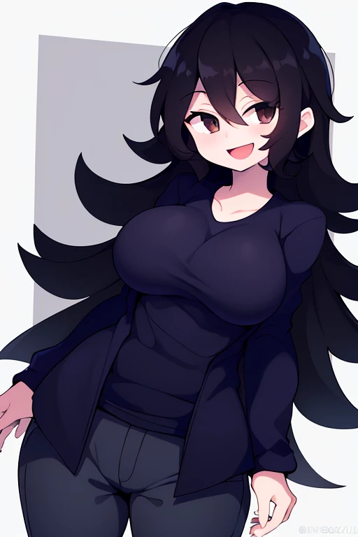 HypnoLullabyGF, 1girl, solo, black hair, jacket, pants, smile, grey shirt, brown eyes, open mouth, black jacket, large breasts, very long hair , looking at viewer, text in the bottom left corner that says Sh0z