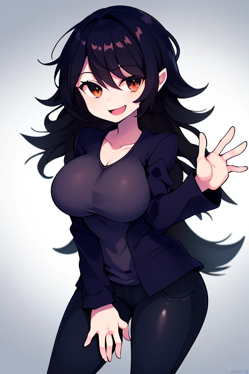 HypnoLullabyGF, 1girl, solo, black hair, jacket, pants, smile, grey shirt, brown eyes, open mouth, black jacket, large breasts, very long hair , looking at viewer, text in the bottom left corner that says Sh0z
