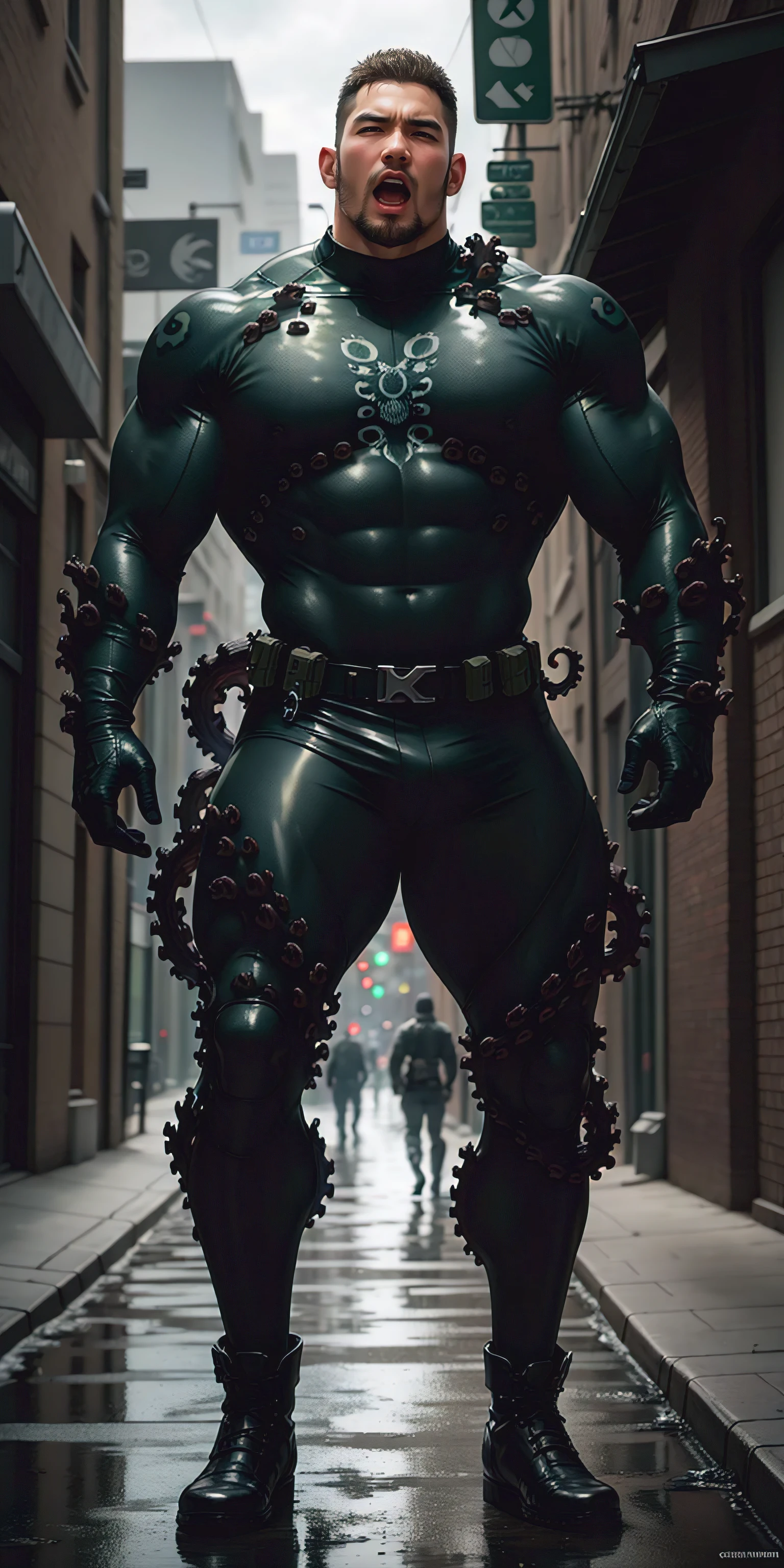 A tall, humongous large breast, Muscular man screaming with his mouth open.,Light gray camouflage uniform,character design(Resident Evil - Chris Redfield,Chris Redfield)Wearing a light gray camouflage wetsuit,Tangled tightly by thick octopus tentacles,Regular symmetrical texture pattern,Standing on the street with octopus tentacles, Lots of slime octopus and sludge,expression sad,Deep and charming eyes,The hero with emerald pupils,heroic masculine pose,Tall and burly,musculous!Charming leg muscles,tall, Burly, and strong, Wearing a light gray camouflage wetsuit, Super gain and cool, commission for high resolution, Big feet in black boots,Charming strong man,Bright sunlight shines on the body,Matte particles with shiny texture
