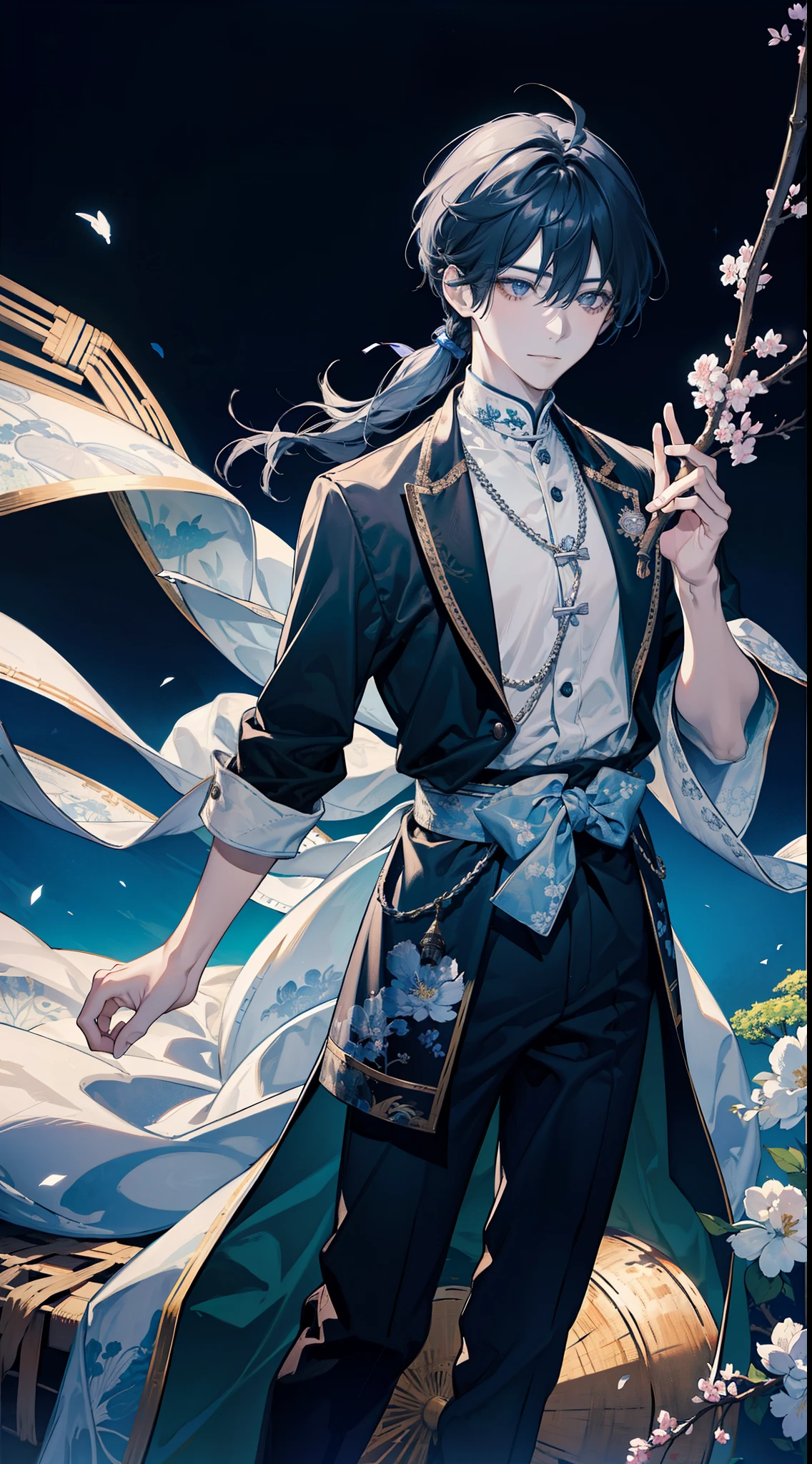 tmasterpiece，hyper HD，Acura，need，The content is very detailed，of a guy，ssmile，Chinese style，Ancient Chinese Timerunette Colored Hair，Gray blue eyeshadow，Long gray hair，With long bangs，high ponytaillonde crown，Handsome，Masculine，gentleness，Otaka，A piece of tranquility，long white robe，Exterior Bamboo Forest，tree branch，wind comfort， Young person，Stable expression