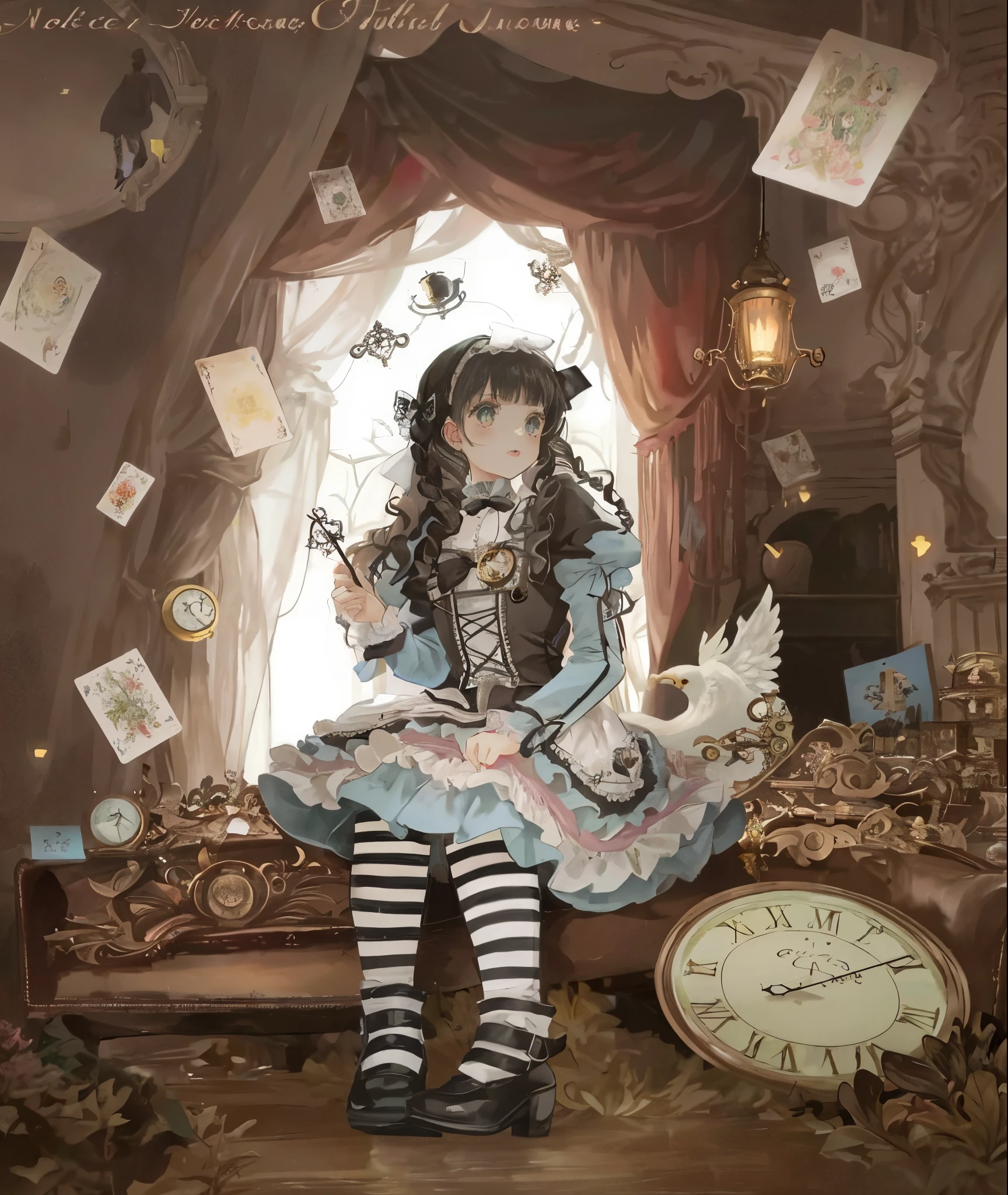 there is a woman sitting on a couch with a clock and a clock, like alice in wonderland, alice in wonderland style, victorian gothic lolita fashion, lolita fashion, portrait of alice in wonderland, alice in wonderland theme, inspired by Alice Prin, lolita style, by Ayami Kojima, portrait of magical lolita girl, steampunk aesthetic, ecopunk rococo, angelic pretty