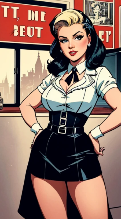 Ein Bild von Betty Bo als echte Frau, beeindruckenden Pin-up-Girls aus der Kriegszeit, gekleidet in ein Retro-inspiriertes Outfit, anmutig posiert in einer nostalgischen Bar aus den 1940er Jahren. The black and white image gives the scene a vintage touch, Capturing the essence of the iconic pin-up art and vintage aesthetic of the time.