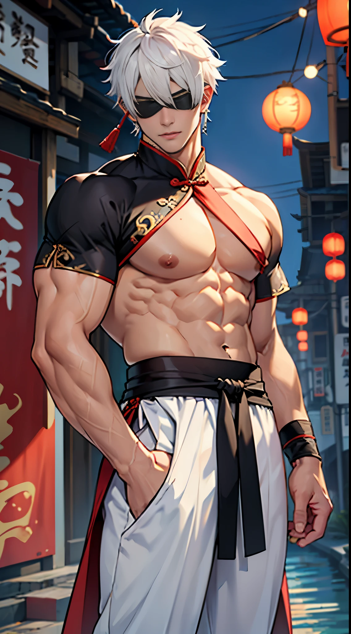 Tifa Lockhart from Final Fantasy wears costume Golden Saint of open shirt top.And African man kissed her tongue,and put his hand on her chest.In Thai temple abandoned and dilapidated villages.Sign "good night"