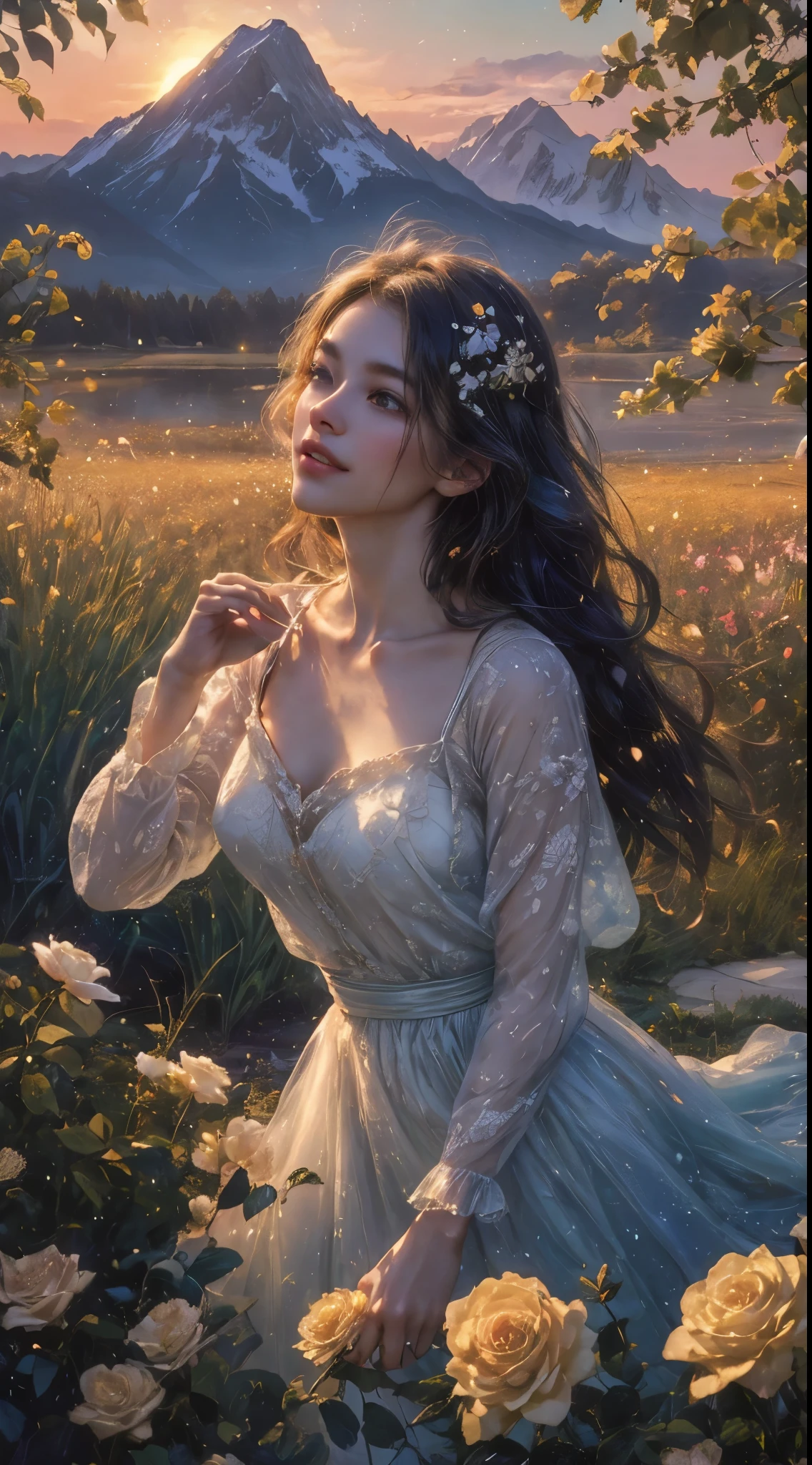 (best quality,4k,8k,highres,masterpiece:1.2),ultra-detailed,(realistic,photorealistic,photo-realistic:1.37),beautiful girl,gazing at the sunrise,sun rising in the east,enchanting warm dawn,golden-pink hues,freshness and transparency,illustration,dreamy scene,serene garden,soft morning light,blooming flowers,whispering gentle breeze,peaceful atmosphere,morning dew on green grass,sparkling water droplets,clear blue sky,birds singing in harmony,colorful butterflies dancing around,the girl's captivating eyes, long eyelashes,and flawless complexion,flowing golden wavy hair,fresh morning makeup,with rosy lips and bright smile,feminine floral dress,graceful posture,strolling among the blooming roses,twinkling sunlight filtering through the leaves,creating beautiful patterns of shadows,distant mountains painted with pastel colors,soothing sounds of nature,capturing the beauty of a new day,portraying the magic of sunrise in an exquisite painting