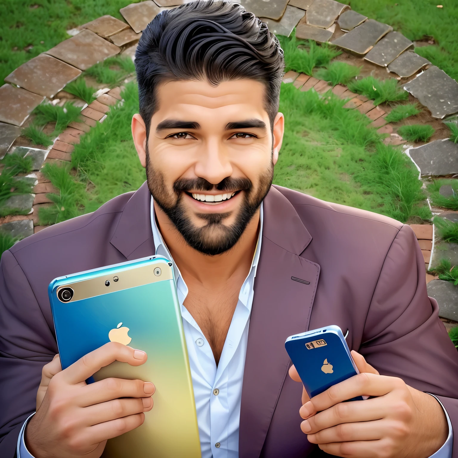 A charismatic man in a yellow suit with a beard and mustache holding a tech gadget is laughing and the picture is a real picture. full face --auto --s2