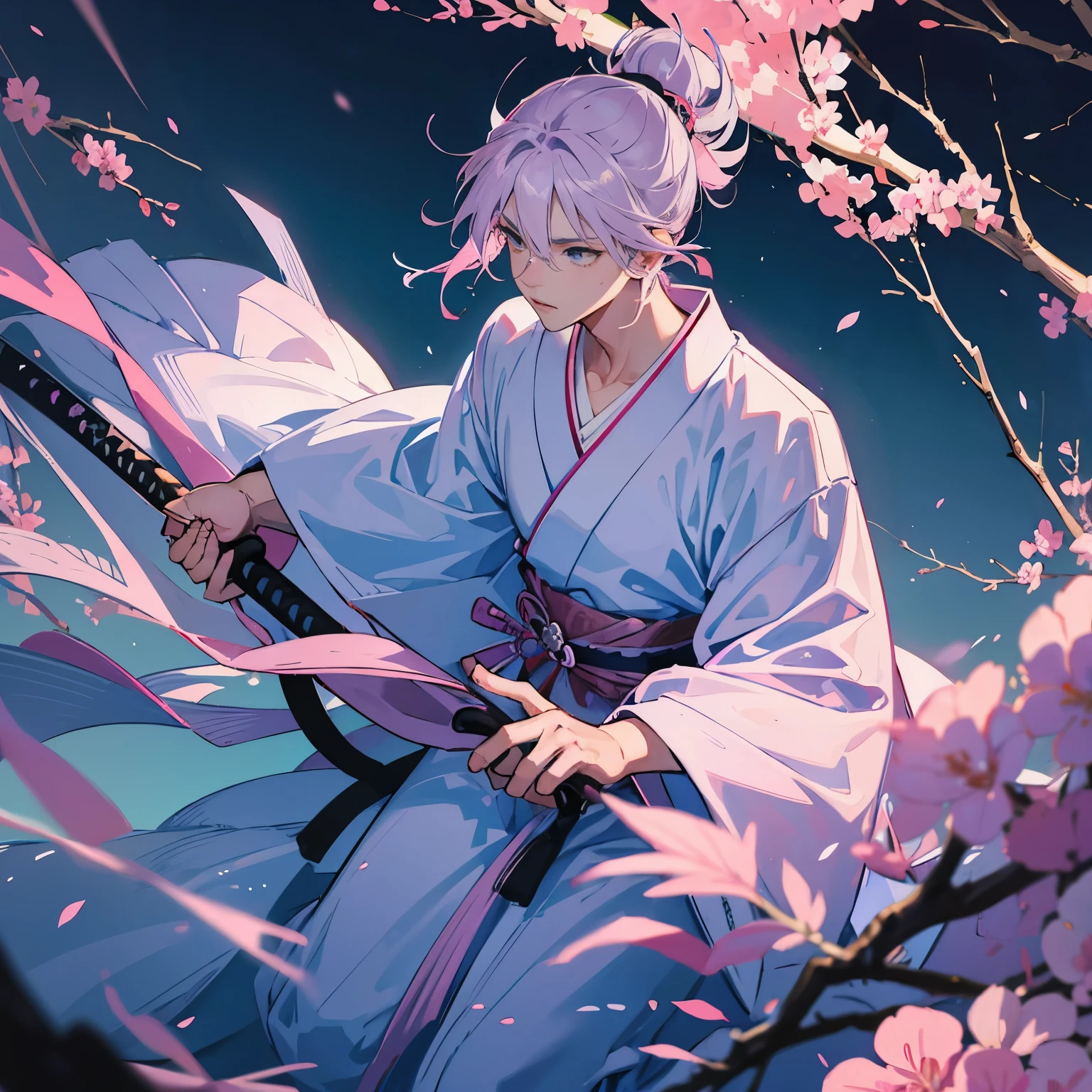 light purple, pink and light blue pastel colors, a boy, samurai, a handsome boy, Japanese landscape, stylish, unique, gorgeous, samurai hair