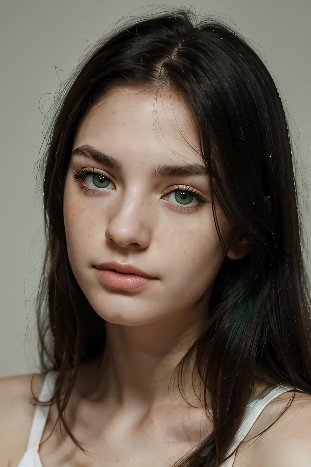 portrait spanish woman of 19 years, her cabello negro contrasts with her Pale skin, Pale skin, cabello largo y oscuro, ojos verdes, with stunning ojos verdes, smooth and flawless and Pale skin, ojos verdes fine face pretty face, bright and precise ojos verdes, Bellos rasgos de un rostro fino., big ojos verdes, pale, shiny skin, cabello negro, cejas negras, con muchas pecas, cabello muy oscuro, piel blanca, long eyeslashes, Retrato suave, long eyeslashes, very cabello negro
