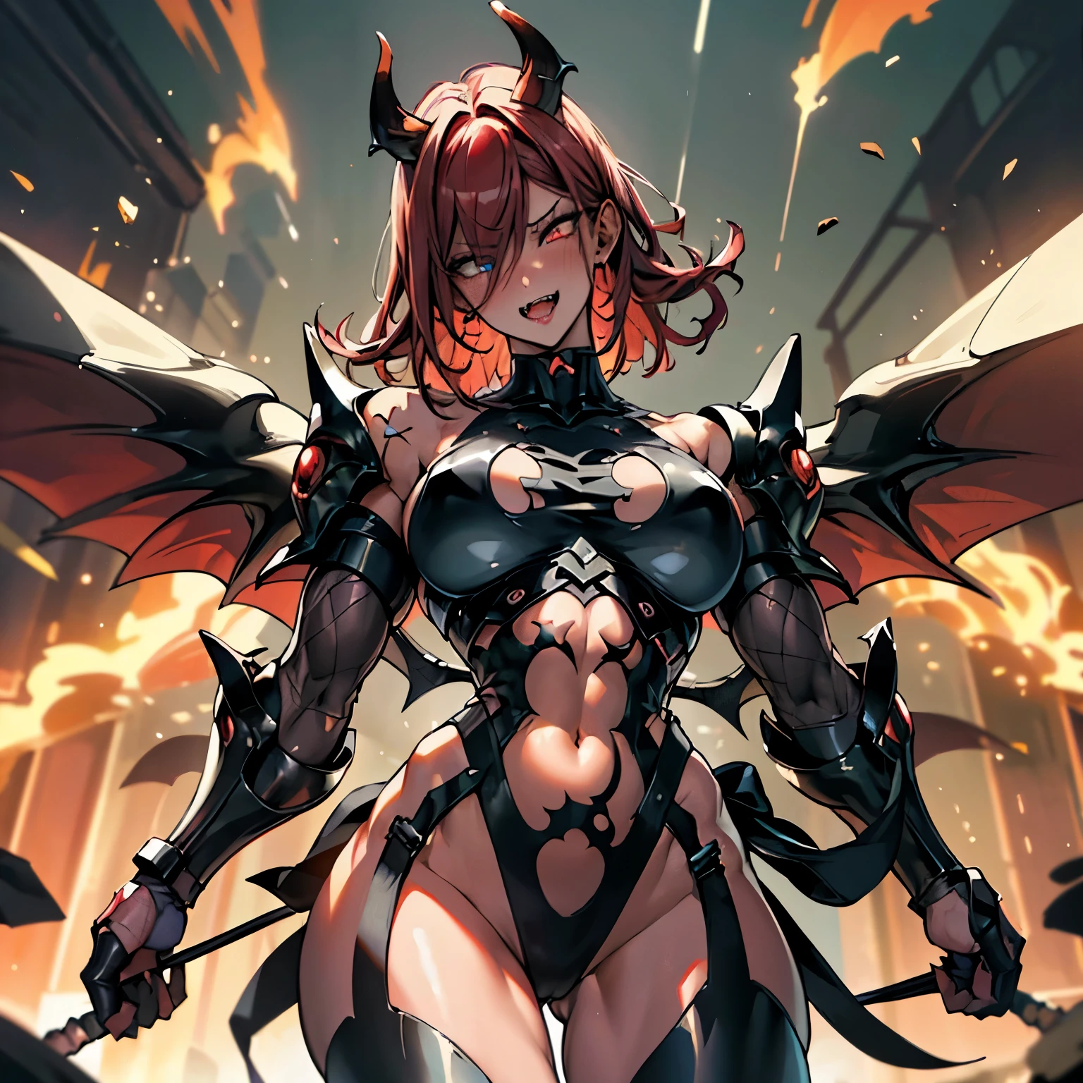 (Cyberpunk Demon waifu), (high resolution), (high res), great quality, mature, very angry face, long fangs, diamond face, perfect eyes, demon tail, wings, strong shadows, (neon light), neon, naked, detailed face, sparks, gargolyes background, hell, night, (attacking), detailed abs, scars, shinying eyes, war pose, long claws, (masterpiece), direct light, underlight, strong jaw, golden sky, large boobs, (Demonic queen), (lewd armor), (no clothes) massive ass, thick thighs, long torso, wide waist, skinny torso, fit, perfect face, (skimpy armor), (colorful vibrant light), futuristic, sexy, (blushing), hot and bothered