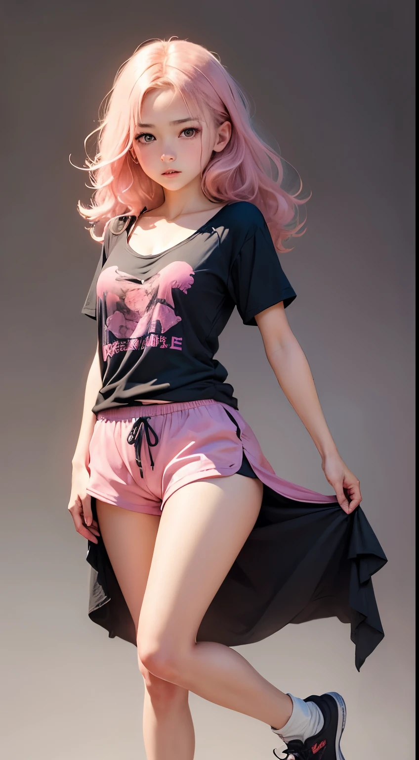 (masutepiece),(Best Quality:1.1),(Ultra-detailed),Best Illustration,finely detail,(Portrait:1.1),(intense full body shot),watercolor paiting)floating,1girl in,Solo,,slim,(extremely delicate and beautiful face),(Detailed beautiful eyes),pink thick lips,(disheveled hair),(Wearing a pink baggy T-shirt),Soft and lazy,(Simple background:1.2)Whole color background,Clear,4K,barechested