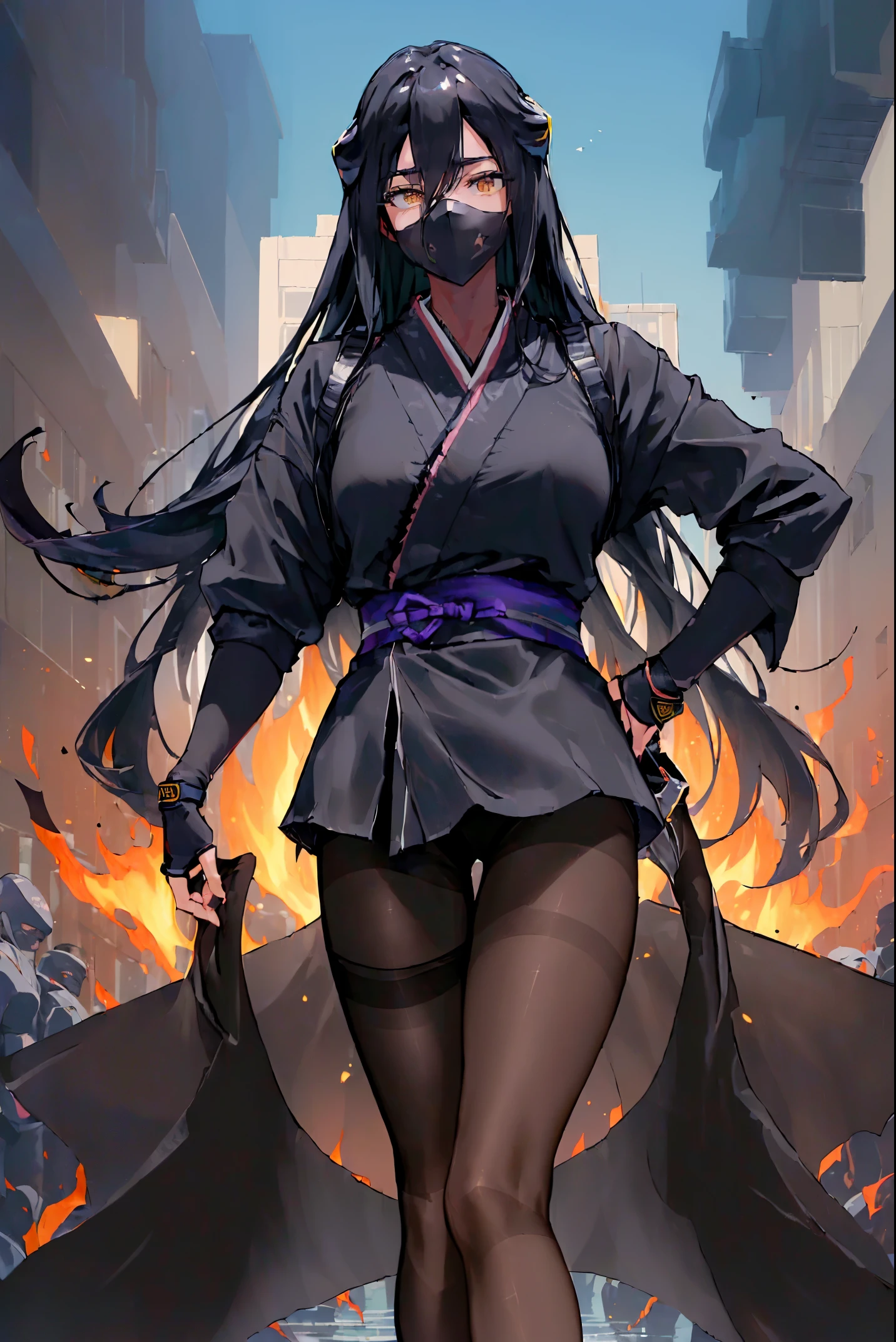 tmasterpiece,4k,Award-winning phototremely detaile,astounding,finely detailled,absurderes,Highly detailed woman,extremely detaile的眼睛和脸部,(Female ninja:1.6),Long untangled hair,Pinch your eyes,The large,粗The large腿,(Dark black pantyhose:1.6),ssmile