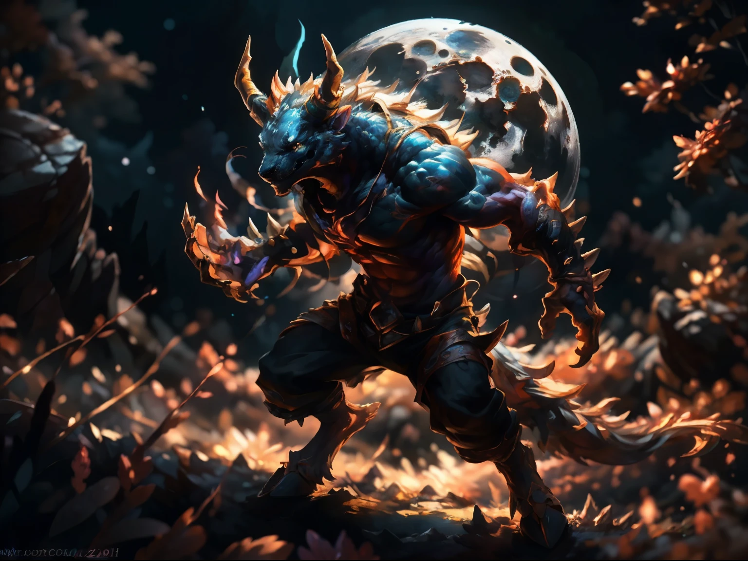 infernal demon of chaos from the abyss, big chest, night, , detailed, uploaded to e621, beautiful and detailed portrait ((male))) kenket, ross tran, ruan jia, bonifasko, uploaded to e621, zaush, foxovh, wide hooves, large horns, many spikes, movie lighting, long tail, standing, moon lights, open legs, long hair