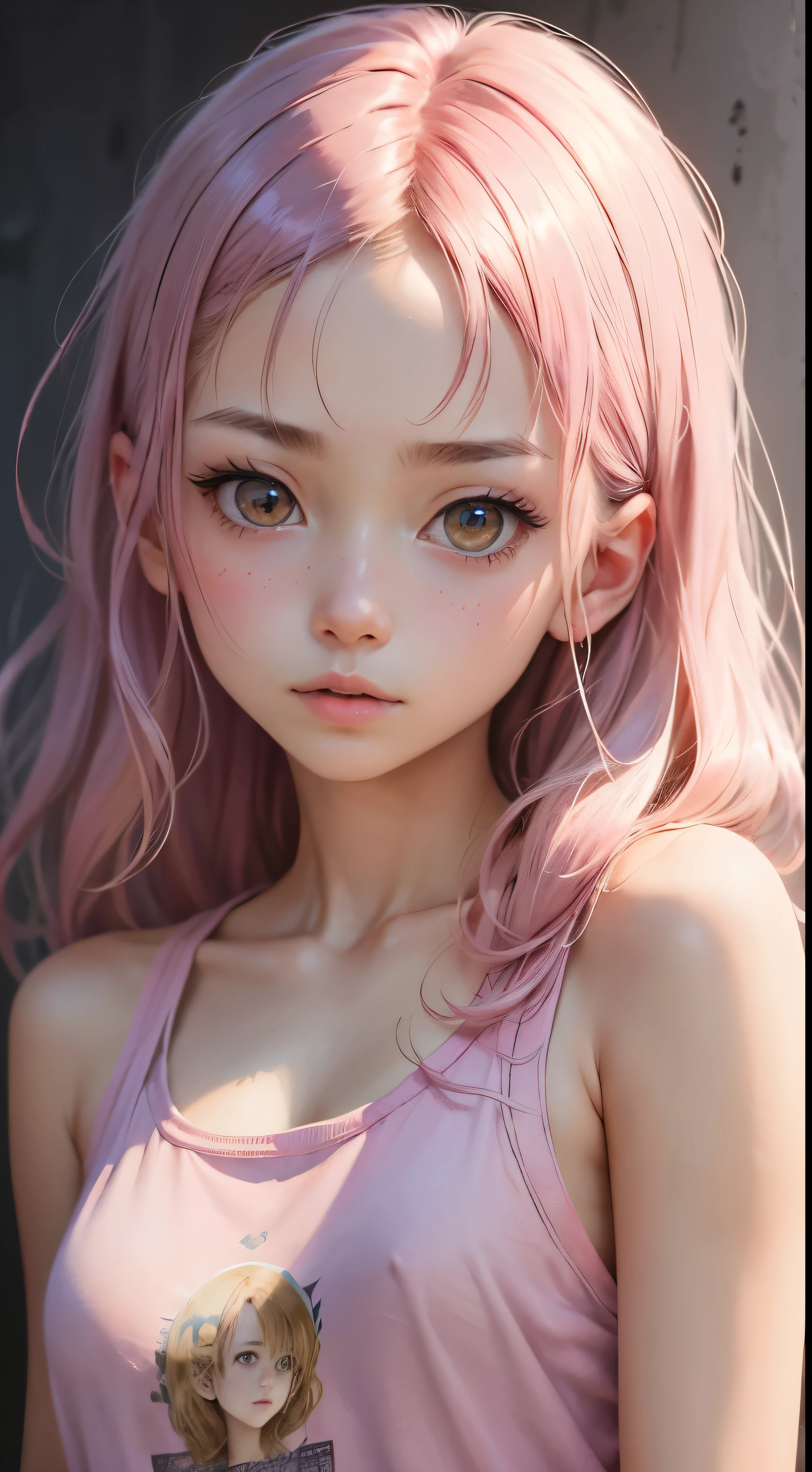 (masutepiece),(Best Quality:1.1),(Ultra-detailed),Best Illustration,finely detail,(Portrait:1.1),(watercolor paiting)floating,1girl in,Solo,,slim,(extremely delicate and beautiful face),(Detailed beautiful eyes),pink thick lips,(disheveled hair),(Wearing a pink baggy T-shirt),Soft and lazy,(Simple background:1.2)All-color backgrounds,Clear,4K,barechested