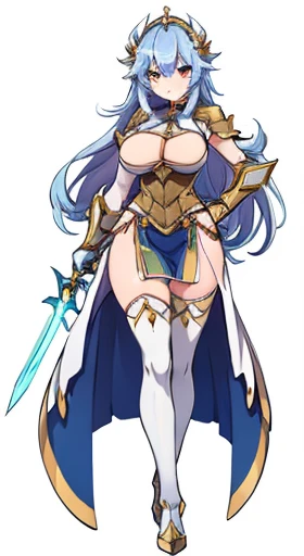 (((Best Quality))) , ((full body)), female, reference sheet, solo, (white background), holding staff or sword, gauntlets, thigh high, femloin, cloak, long hair, blue, red, green, pink, white, armored dress,