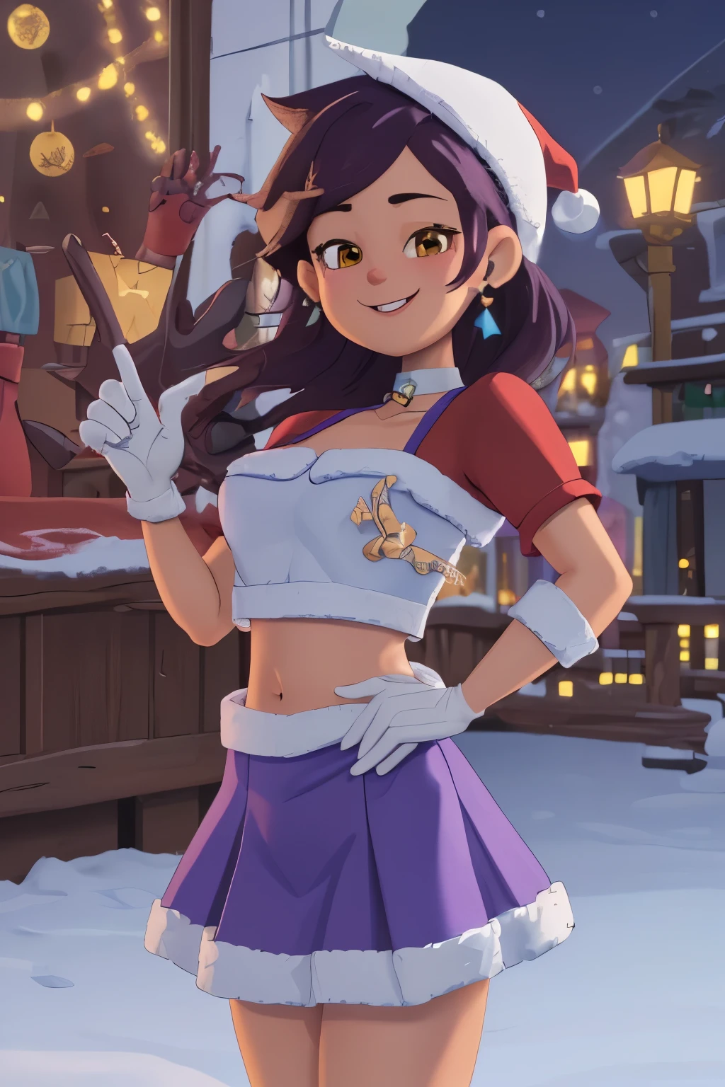 high quality 3d image of close up, smiling, looking at the camera, masterpiece, high detail, shorts, exposed midriff, ((hands above head)), ((santa costume:1.2)), best quality, (masterpiece),(ultra-detailed), (high quality), (high resolution), 1girl, choker, gloves, elbow gloves, makeup, navel, cute smile, Christmas gifts, lights, snow falling on window, (((5 fingers 1.2))),christmas shirt, christmas skirt, elbow gloves, blue sky, snow, Christmas tree, lights, masterpiece, best quality, v sign, medium breasts,
