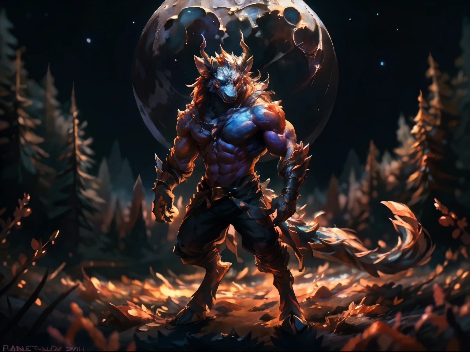 infernal demon of chaos from the abyss, big chest, night, , detailed, uploaded to e621, beautiful and detailed portrait ((male))) kenket, ross tran, ruan jia, bonifasko, uploaded to e621, zaush, foxovh, wide hooves, large horns, many spikes, movie lighting, long tail, standing, moon lights, open legs, long hair