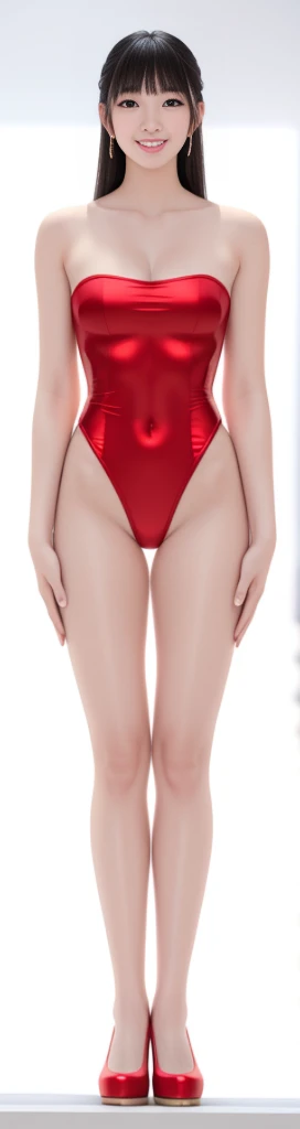 On a white background，A tall and beautiful Chinese girl，with fair skin，Toothy smile，A big smile，When you laugh, Your eyes are crescent-shaped，blunt bangs, long straight hair，Wear a one-piece swimsuit and pumps，Swimsuits are decorated with joyful patterns, Stand up straight，Stand upright，hands on sides，Symmetrical distribution，Ray tracing，All shaded areas，No windows, Soft lighting, Warm light, flood light, no lights on the top, Studio light, 1.4x Realistic Ultra HD