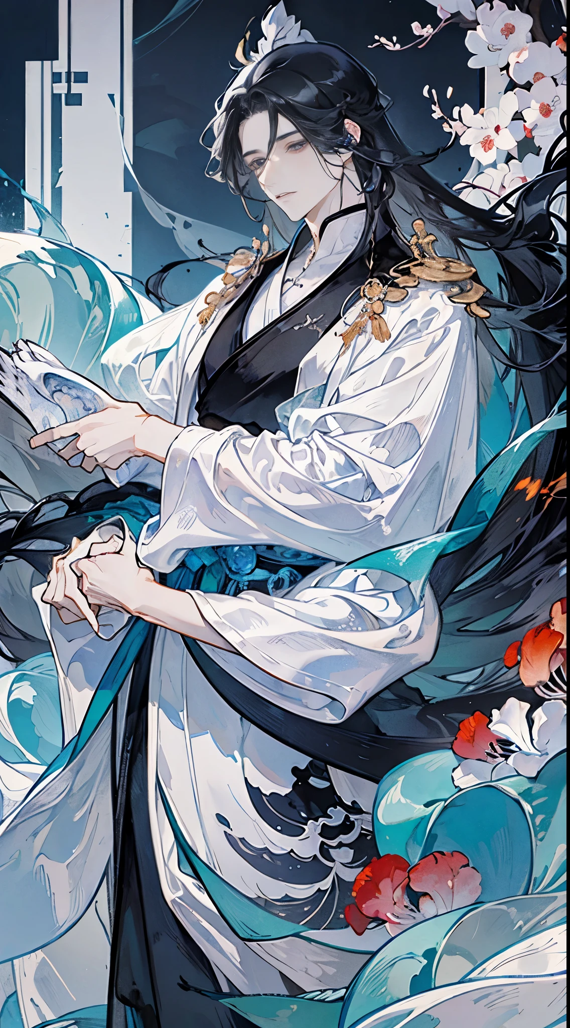 Black hair and white horse anime character, flowing hair and long robes, heise jinyao, beautiful male god of death, handsome guy in demon killer art, onmyoji portrait, Inspired by Seki Do-sang, author：Hero, zhao yun, Beautiful hermaphroditic prince, Inspired by Bian Shoumin, A flowing white robe