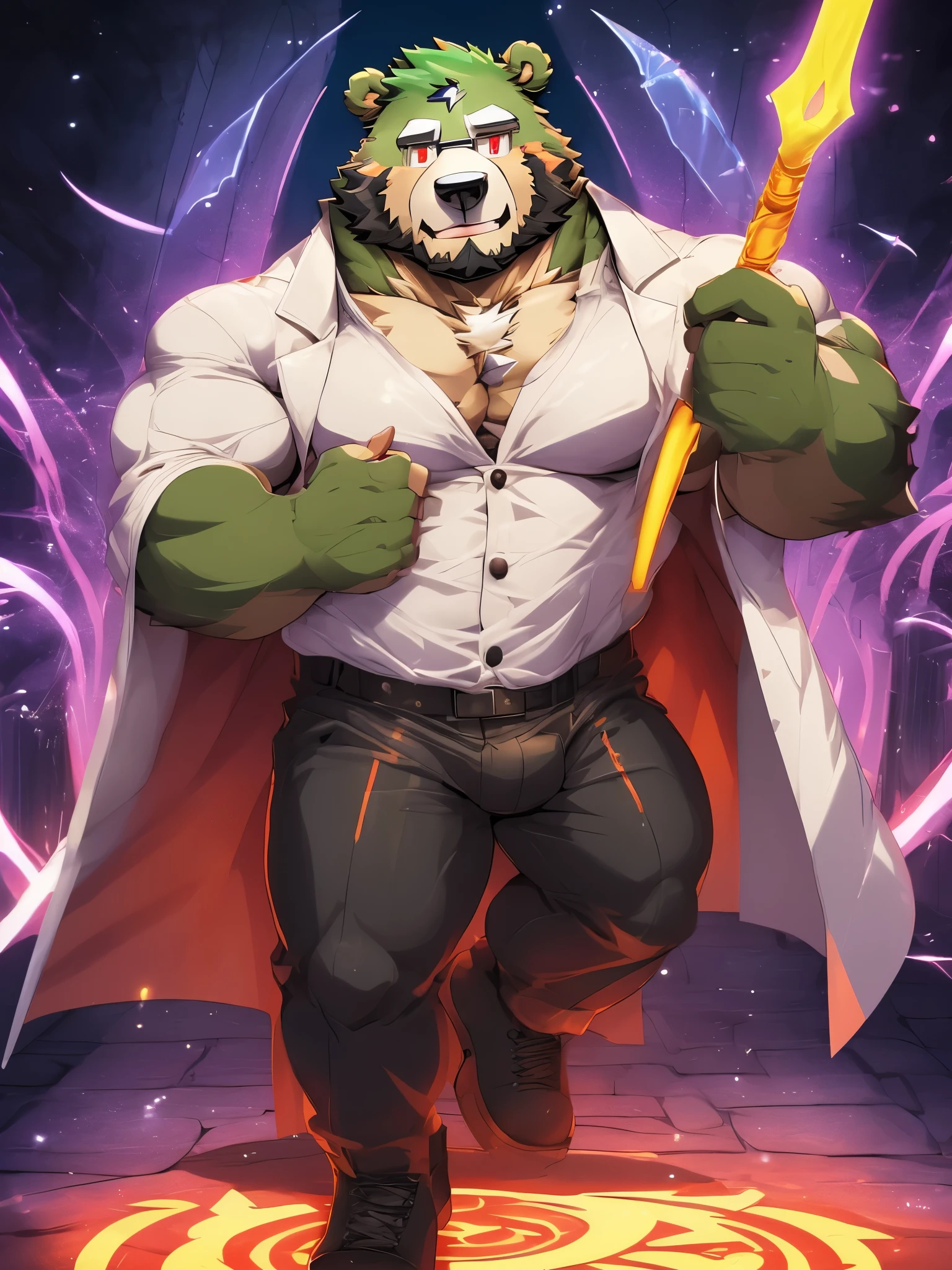 anthro ((bear)), furry, bear, green fur, green hair, ((beard)), male, white eyebrows, red eyes, masterpiece, ((Best quality)), character focus solo, handsome, middle-aged, mature, muscle body, sexy, dilf, full body, (((jinpei))), ((naked body)), ((muscle)), ((erection upward)), (long white coat), (black protective inner suit), (gray pants), (military shoes), (weilding magic staff), ((anal intercouse)), ((top position)), ((cum overflow)), ((half naked)), ((unbutton shirt))