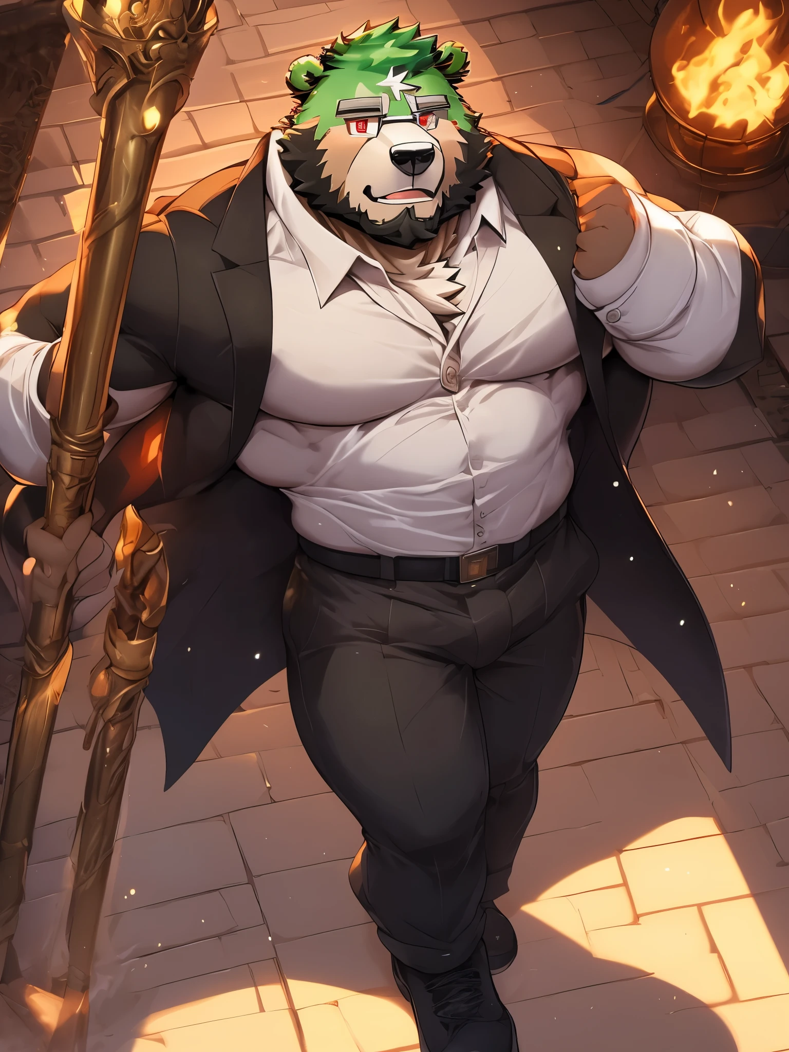 anthro ((bear)), furry, bear, green fur, green hair, ((beard)), male, white eyebrows, red eyes, masterpiece, ((Best quality)), character focus solo, handsome, middle-aged, mature, muscle body, sexy, dilf, full body, (((jinpei))), ((naked body)), ((muscle)), ((erection upward)), (long white coat), (black protective inner suit), (gray pants), (military shoes), (weilding magic staff), ((anal intercouse)), ((top position)), ((cum overflow)), ((half naked)), ((unbutton shirt))