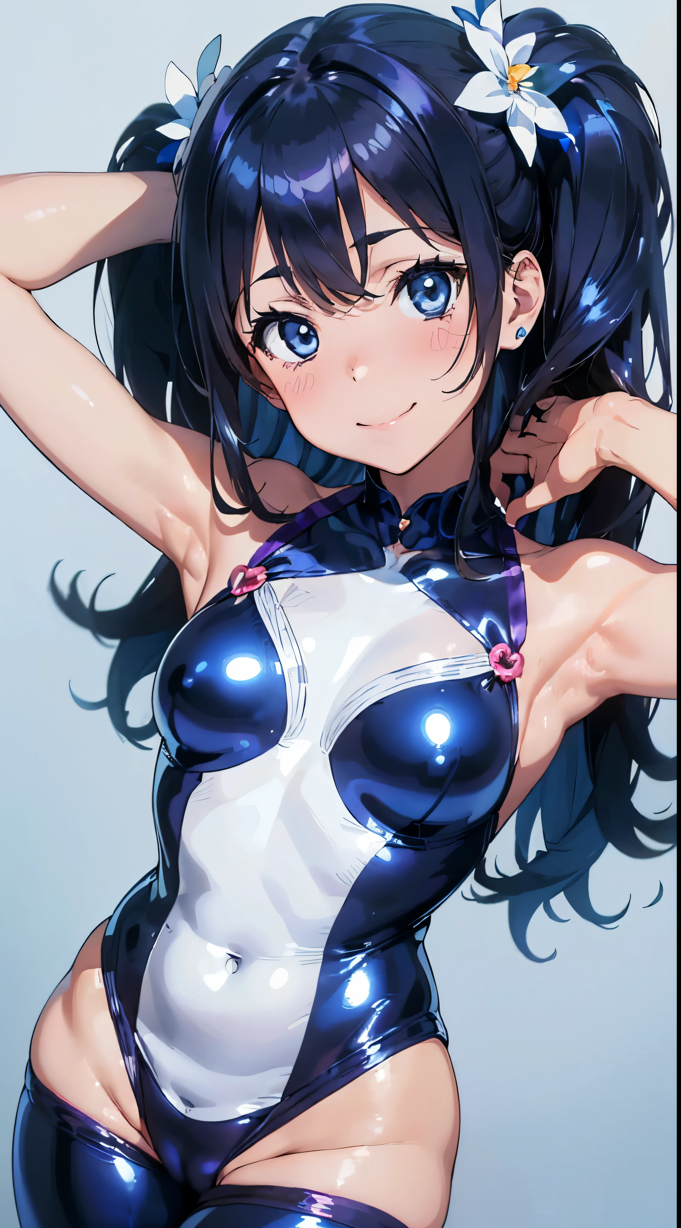 1womanl,Black hair,years ,((Impatient expression)),Beautiful breasts,(((Sexy magical girl white and blue shiny bodysuit)))(())(((Blushing cheeks、A smile)),(((Satin Narico))),((( portlate))),we have blue eyelashes)))()Street,Crowds(magical girl hair ornament)