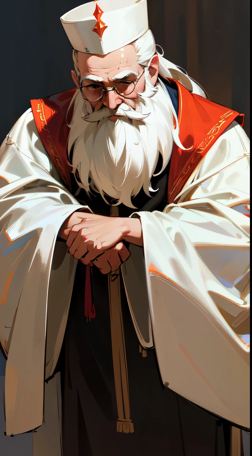 (Best Quality,Ultra-detailed),(Realistic:1.37),(Vivid colors),(hight resolution),(photo-Realistic:1.37)
A strict gnome bishop with a white beard, Emphasis on complex facial features and flowing depictions.、, detailed beard. Bishop Nome must exude an aura of seriousness and wisdom. The background should be subtle, Paint the big picture, Big body, legs are thick, must be drawn from head to toe