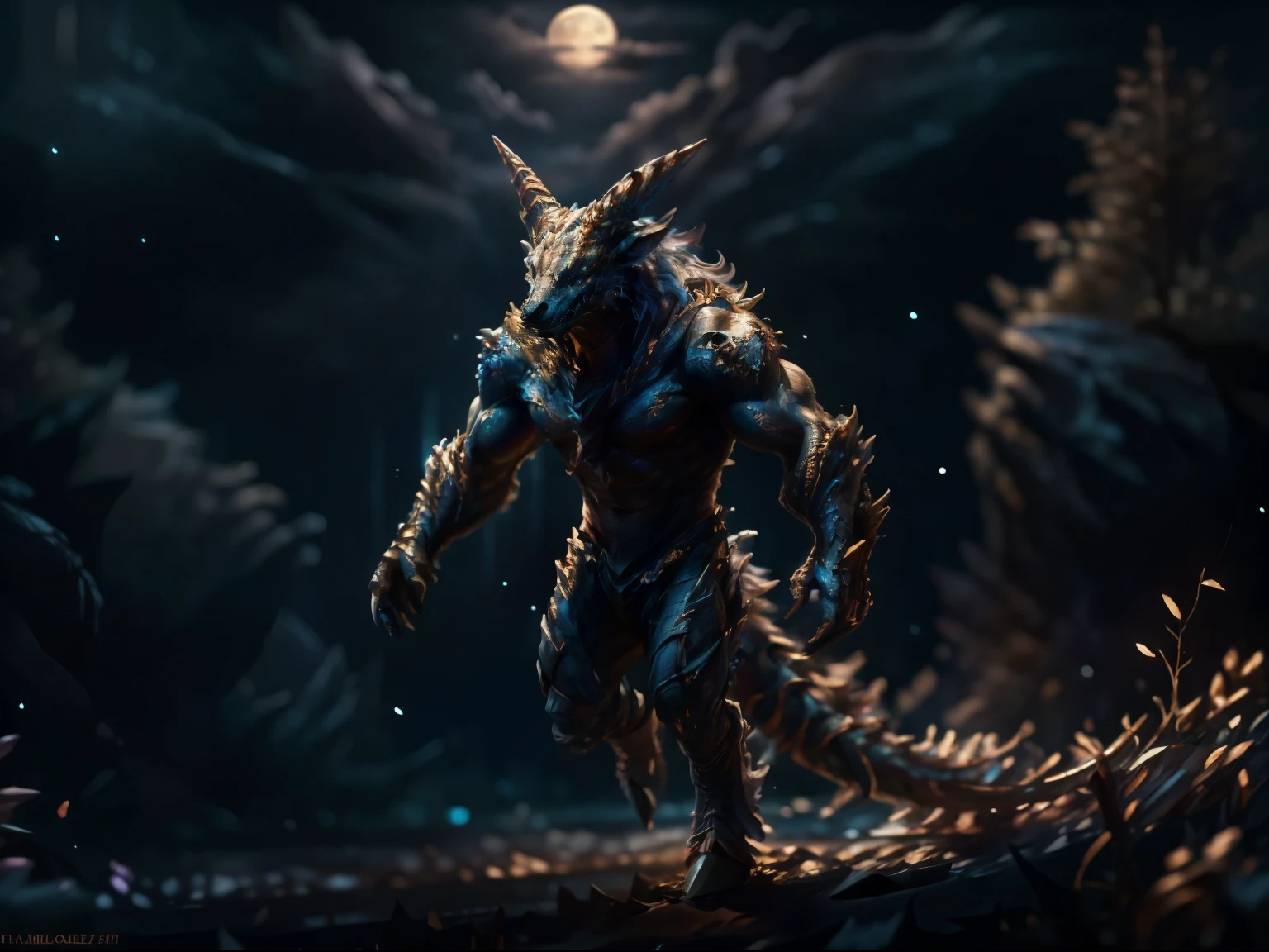 infernal demon of chaos from the abyss, big chest, night, , detailed, uploaded to e621, beautiful and detailed portrait ((male))) kenket, ross tran, ruan jia, bonifasko, uploaded to e621, zaush, foxovh, wide hooves, large horns, many spikes, movie lighting, long tail, standing, moon lights, open legs, long hair