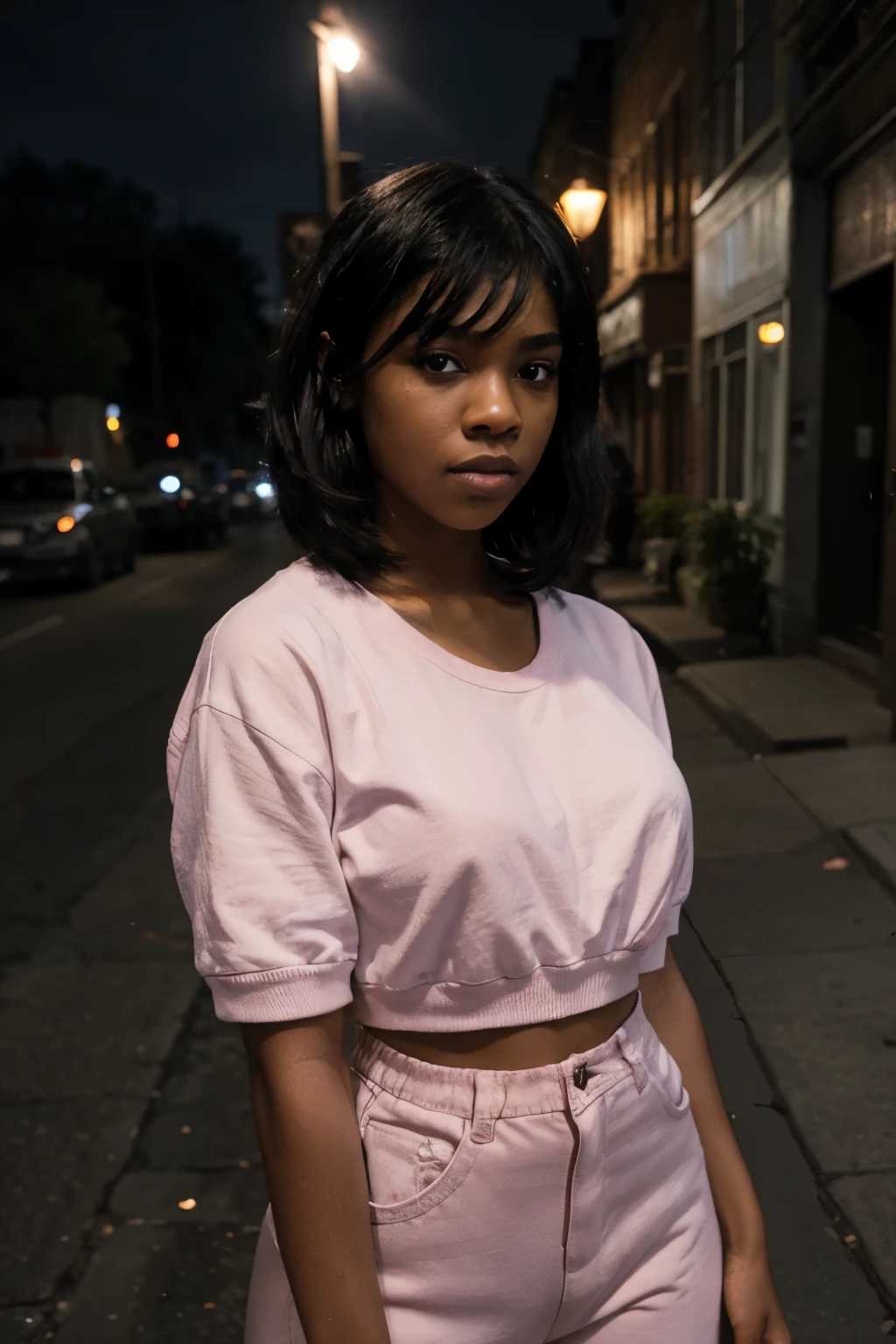 singer diamond white on a very dark street in brooklyn at night, She's wearing a white t-shirt and pink baby phat sweatsuit, with her straight black hair, shadows on her face, her dark brown skin glows in the streetlight, sad expression, in front of a brownstone